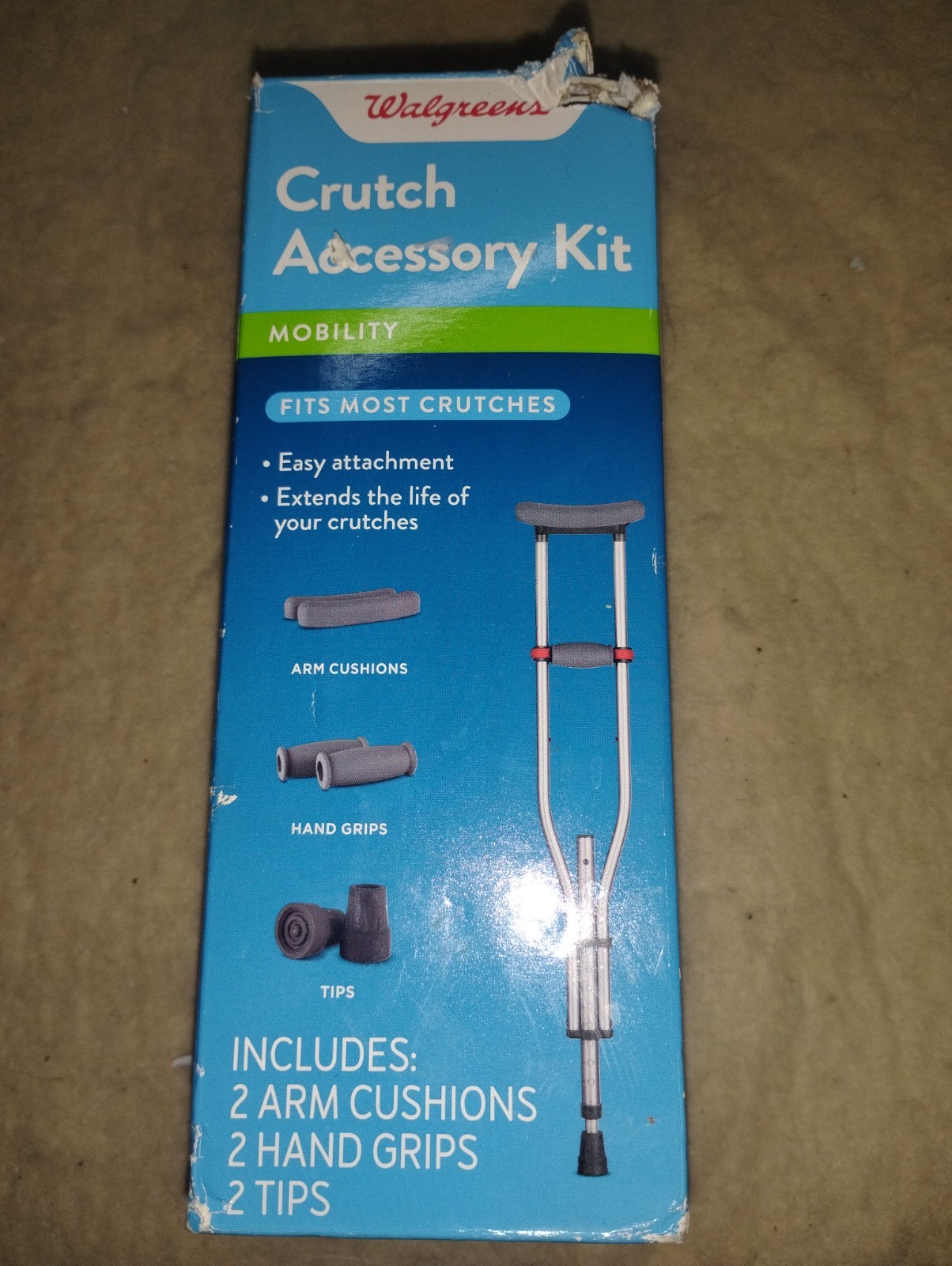 NEW Walgreens Crutch Accessory Kit Gray, 2 cushions, 2 hand grips, 2 tips.
