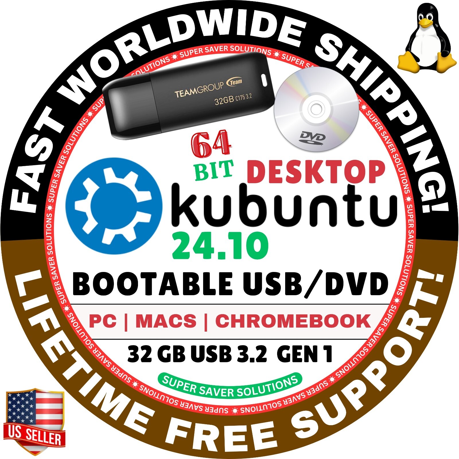 KUBUNTU LINUX OS LATEST DESKTOP LTS 64BIT BOOTABLE USB/DVD, MAC/PC NOBLE NUMBAT