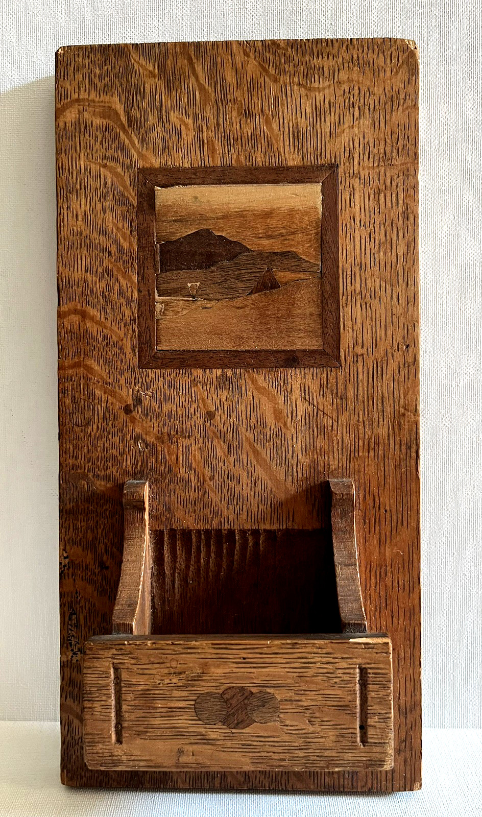 Mission Arts Crafts Oak Wall Shelf Marquetry Art Letter Pipe Match Holder