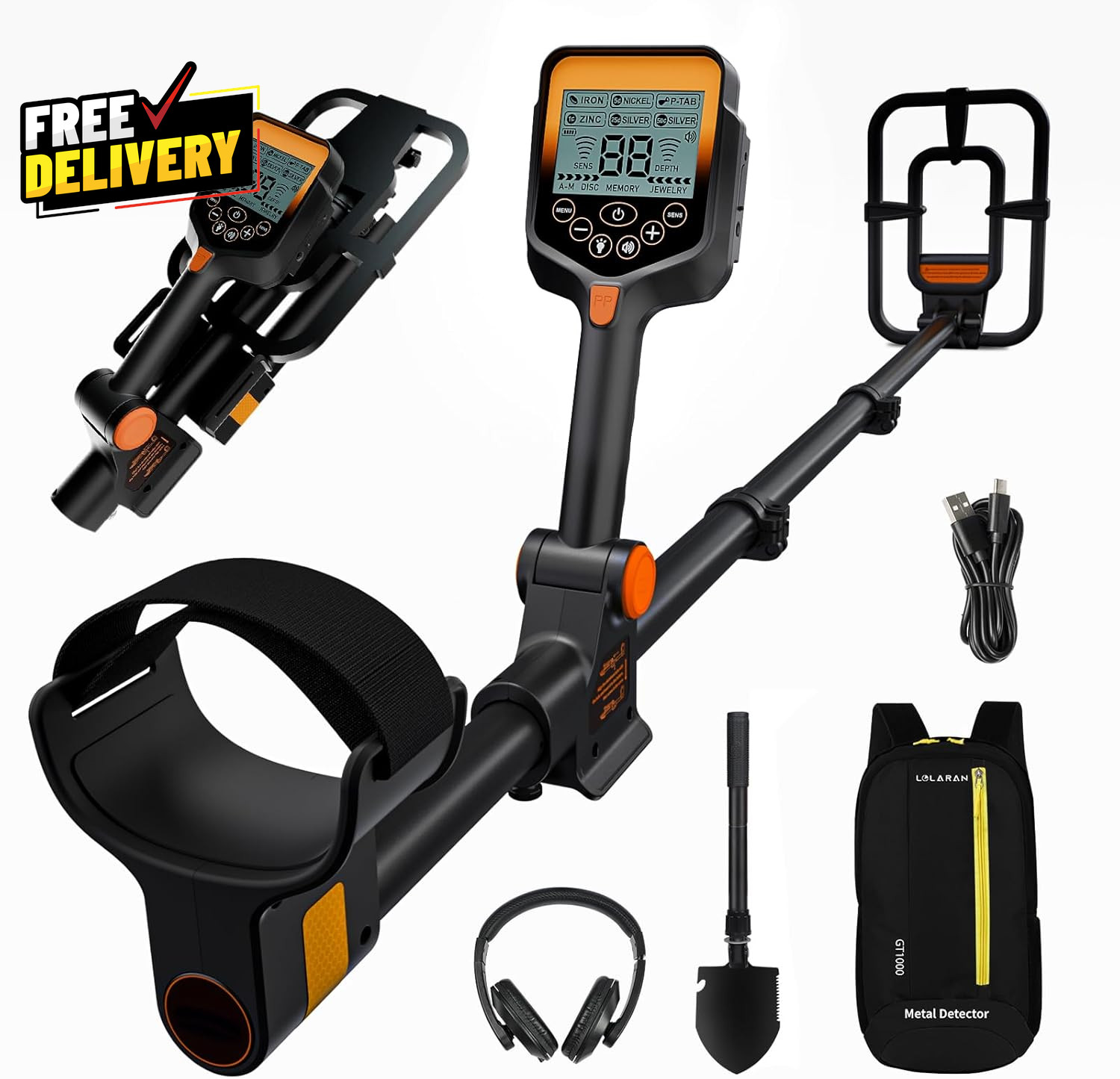 Foldable Rechargeable Metal Detector Waterproof w/ Shovel Backpack Headphones