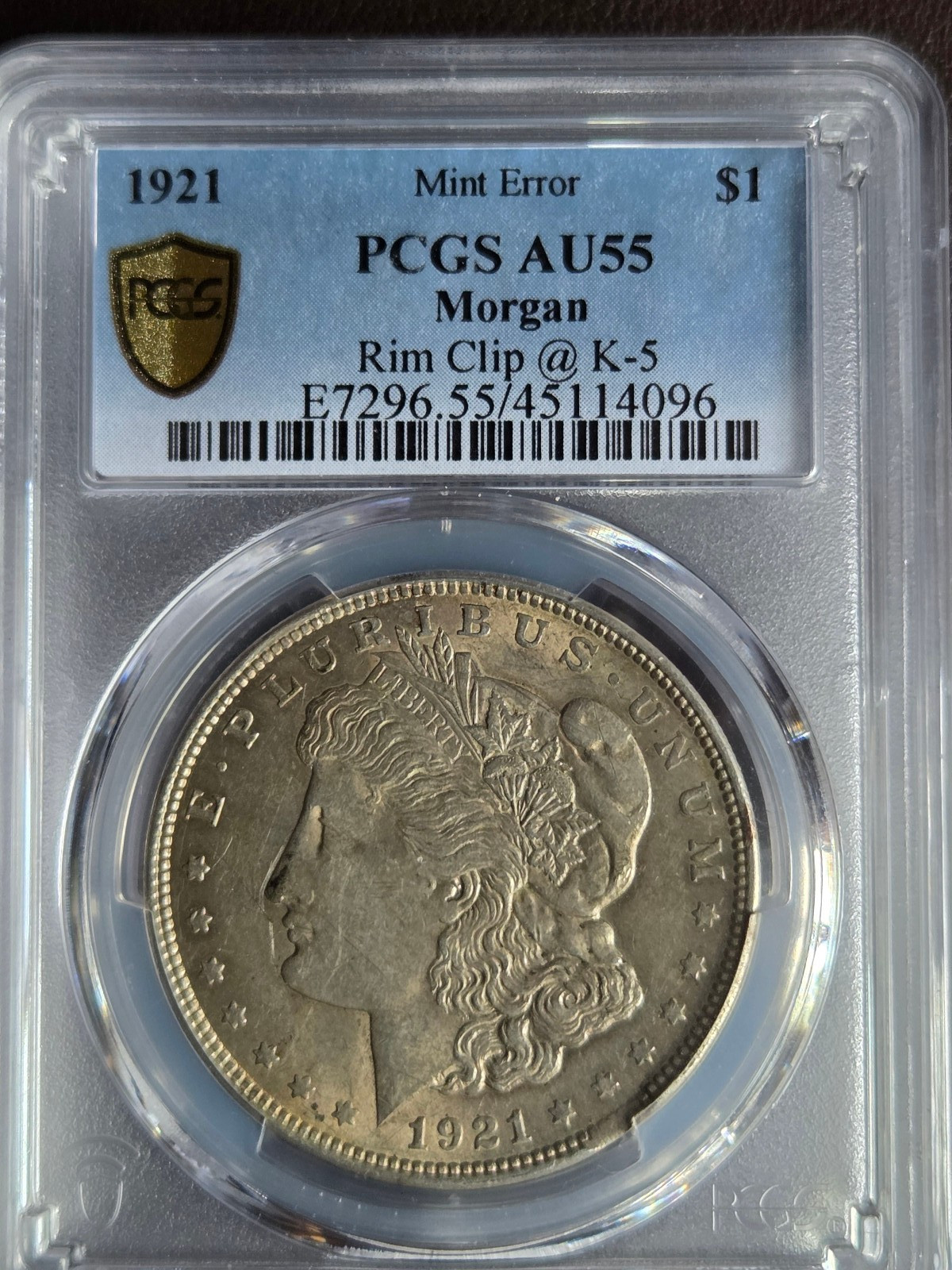 1921 Morgan Silver Dollar, AU55 PCGS Rim Clip Mint Error