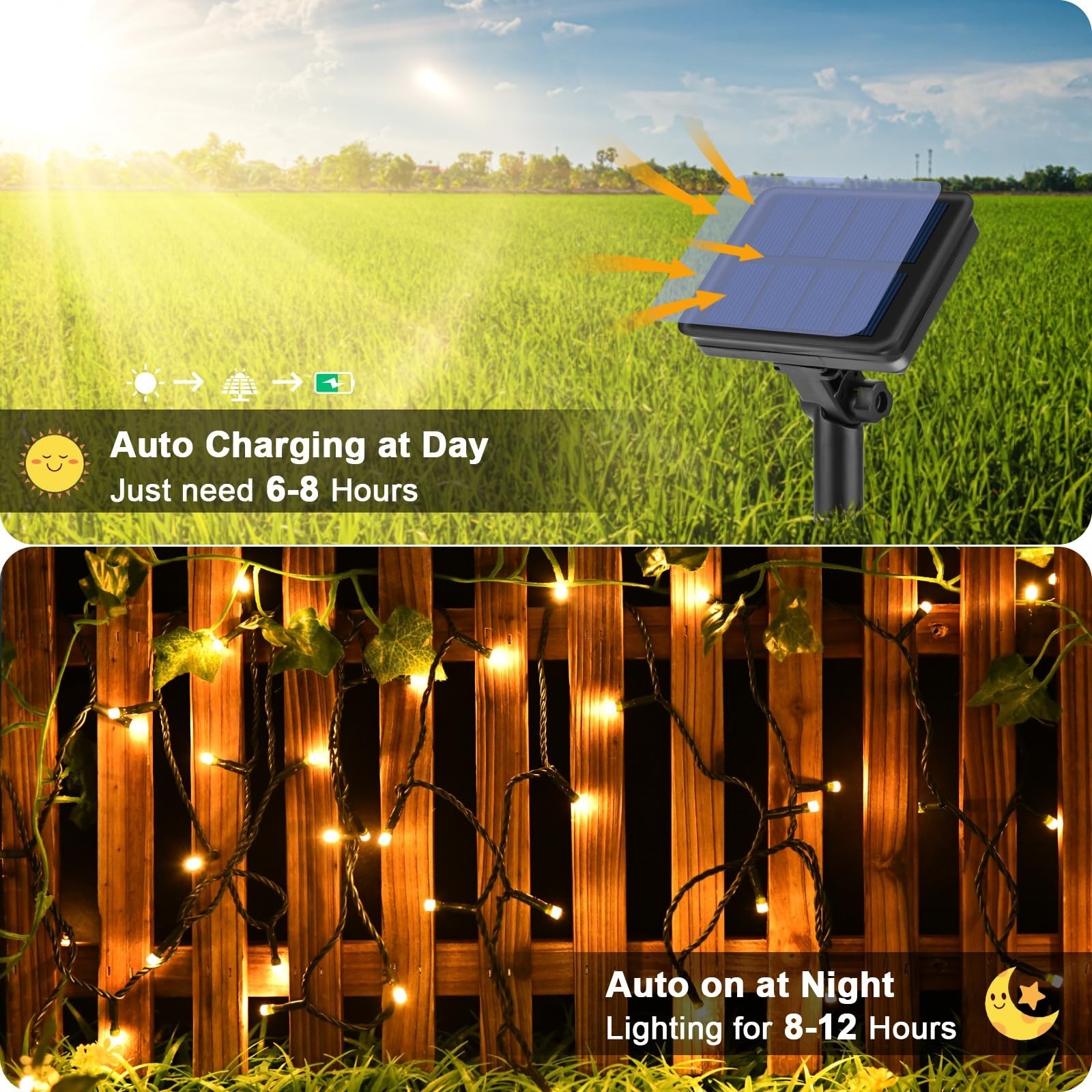Solar String Lights for Outside, 39.4ft 120LED Outdoor Solar String Lights 8 ...