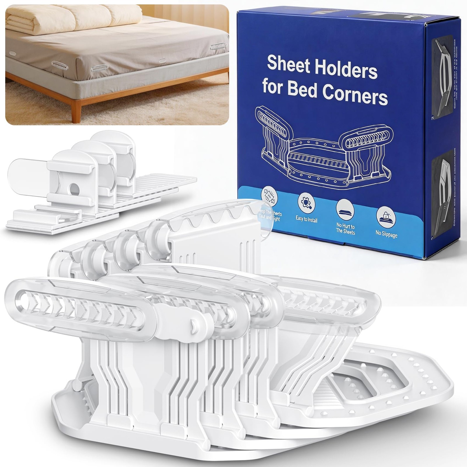 Sheet Holders, 8Pcs Secure Bed Sheet Holders for Corners & Sides with Heavy D...