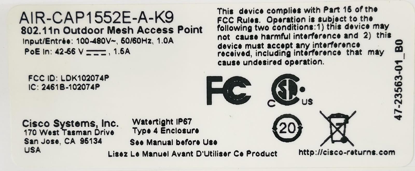 CISCO AIR-CAP1552E-A-K9 OUTDOOR MESH ACCESS POINT