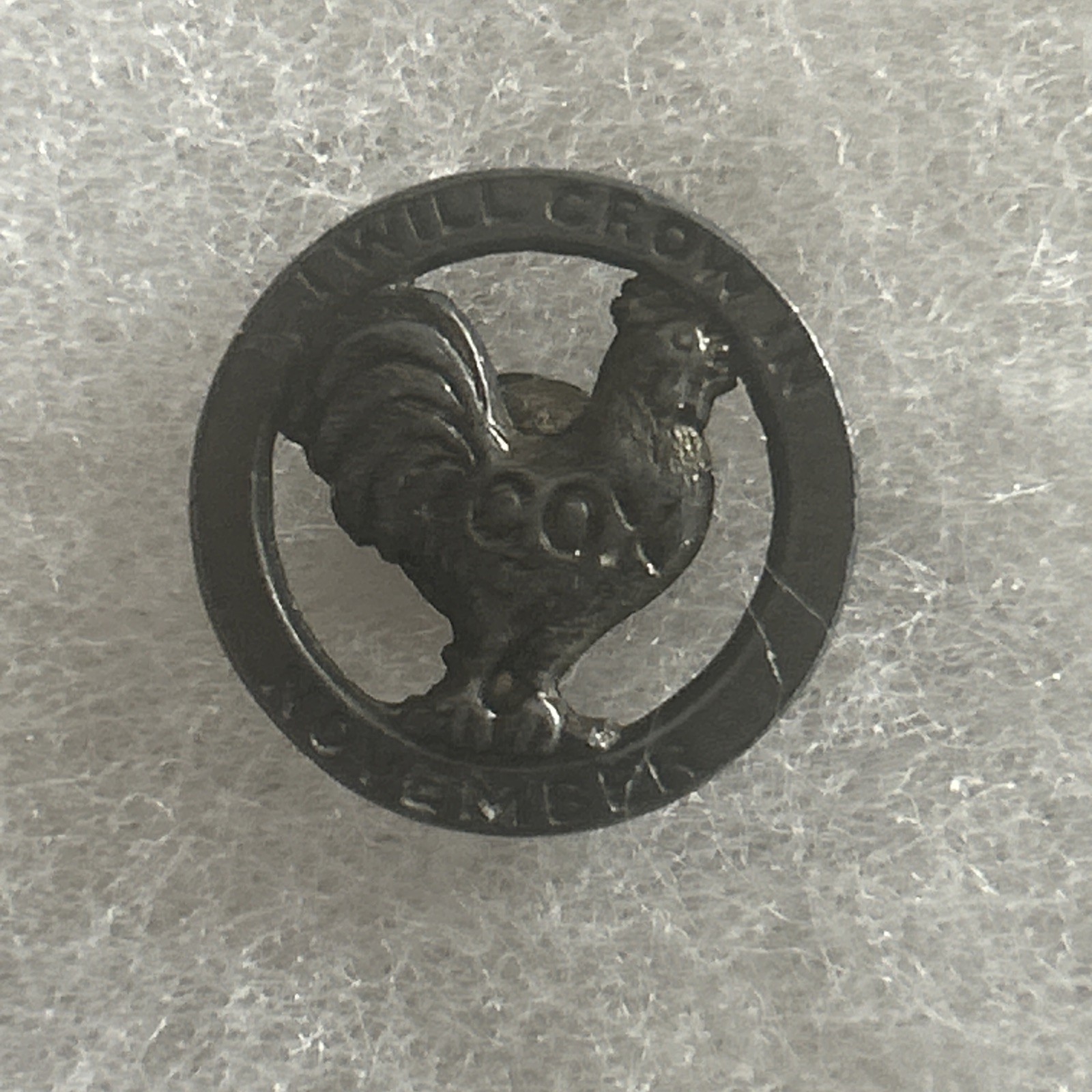 original Cox Rooster I Will Crow In November lapel stud pinback  7/8”