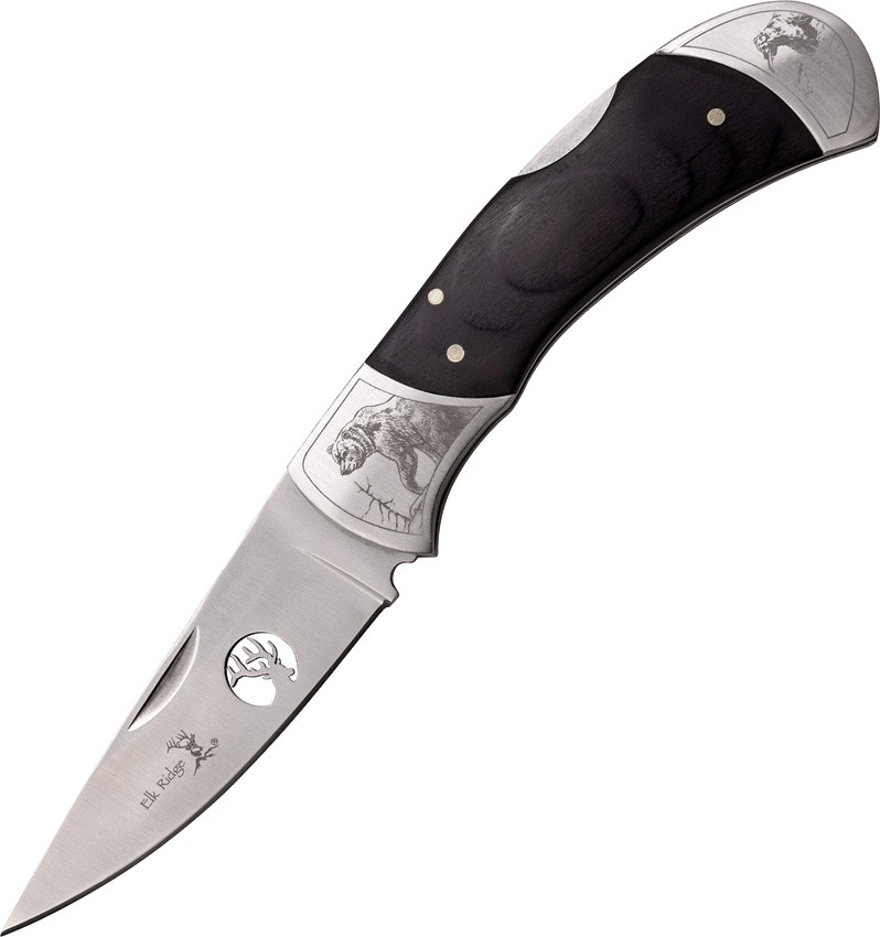 Elk Ridge Bear Black Wood Lockback Stainless Etched Bolsters Folding Knife 539BR