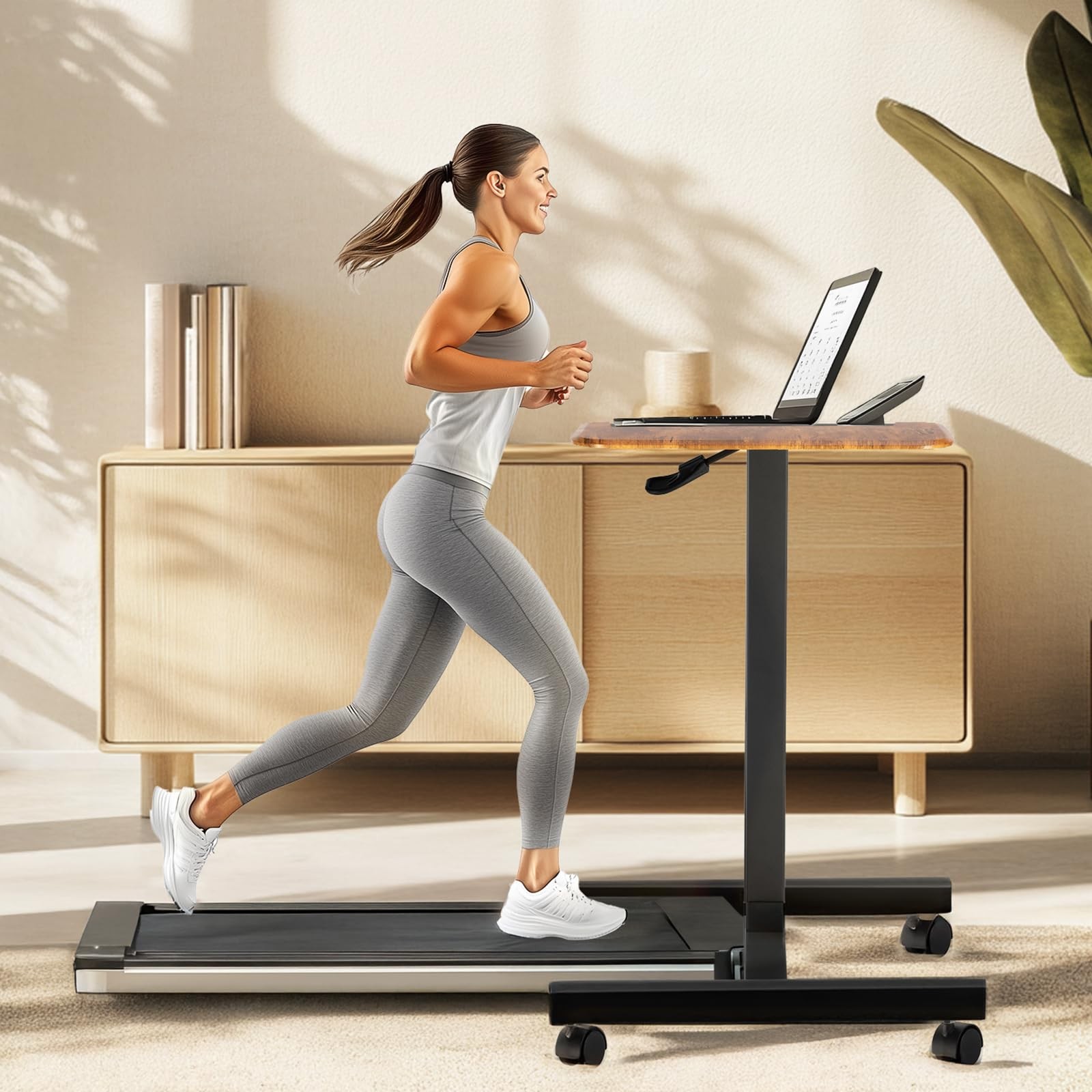 Adjustable Rolling Desk Stand, Lockable, Compact, Height-Modifiable (Brown)