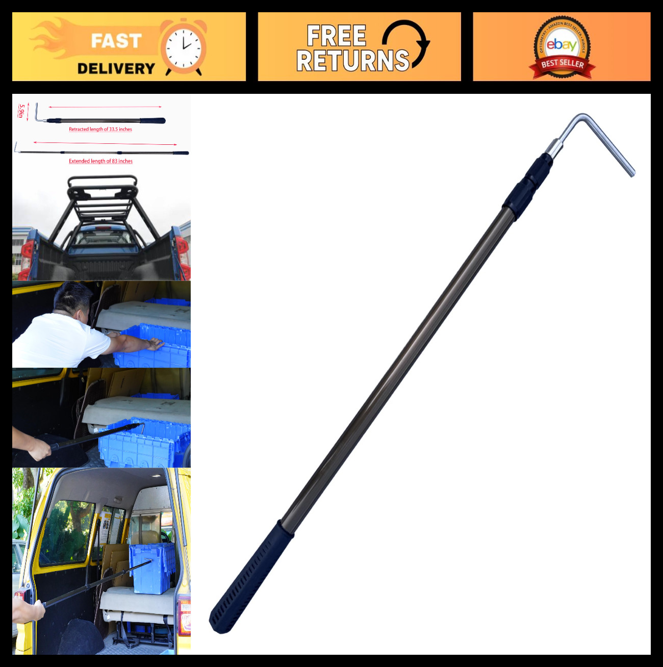 Telescoping Pickup Cargo Grabber Hook - 83" Heavy Duty Truck Bed Accessory