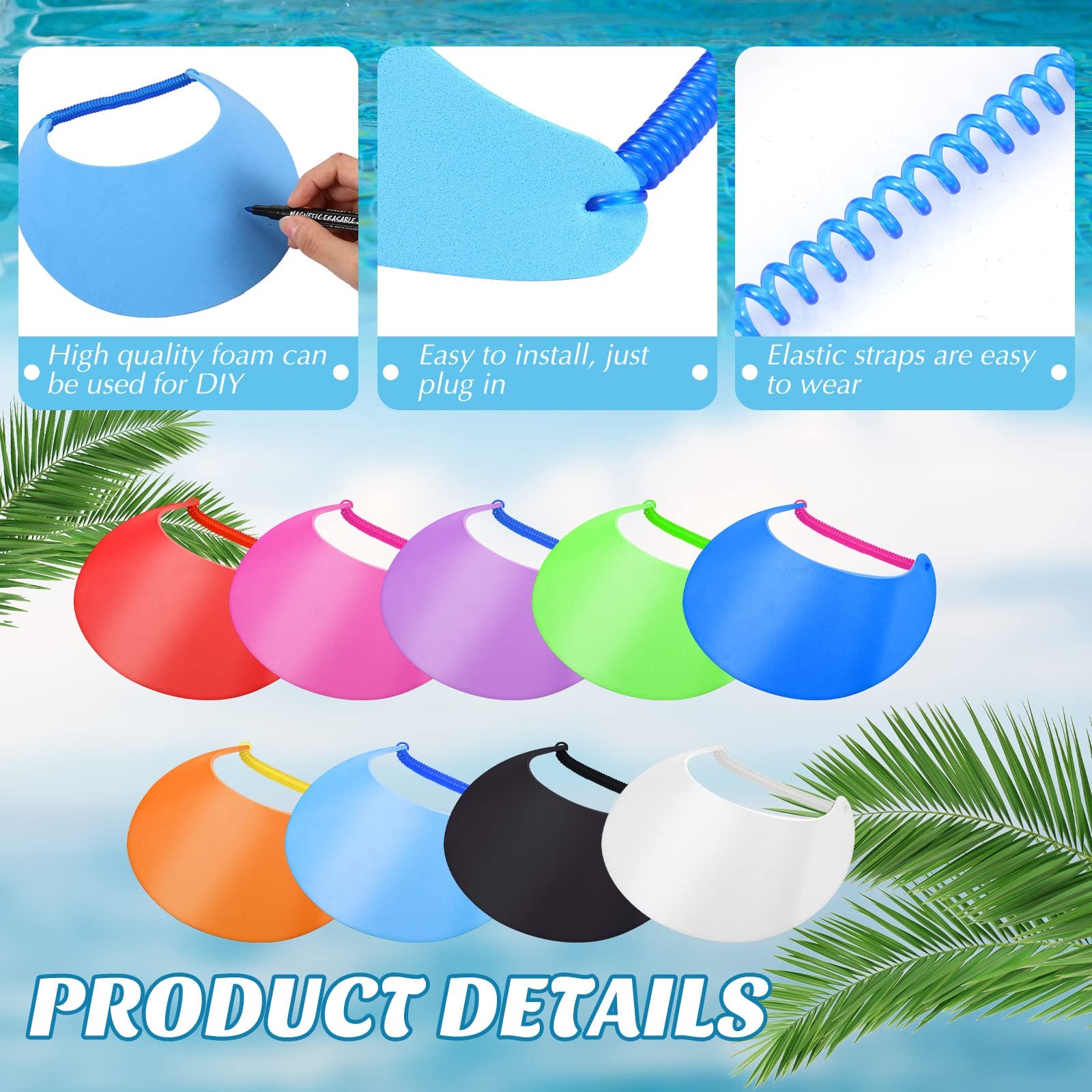 9 Pieces Foam Sun Visors for Women Solid Sun Visor Hat with String Adjustable...