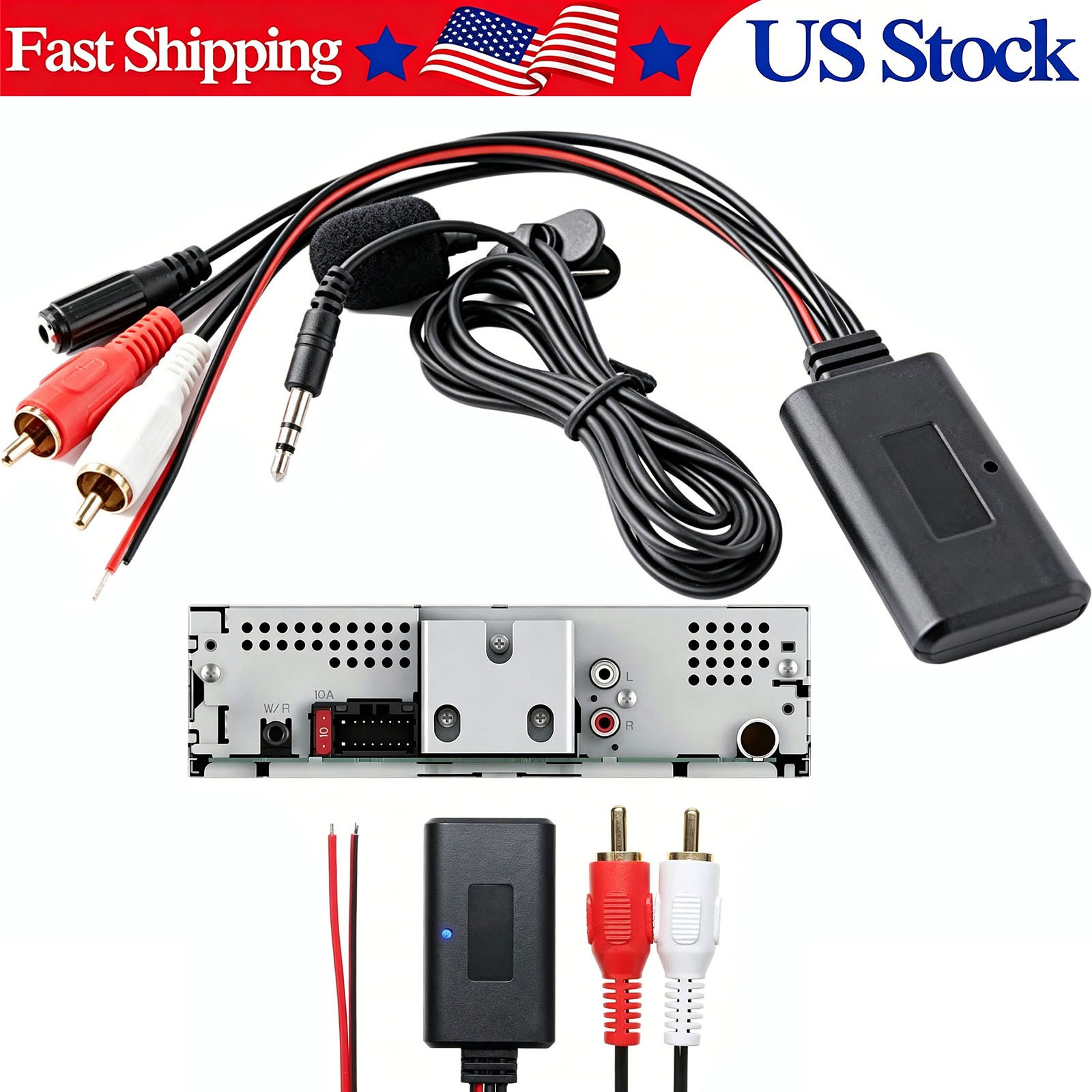 Bluetooth A2DP Music Streaming 12V To Car Stereo Radio RCA 3.5mm Aux Adapter