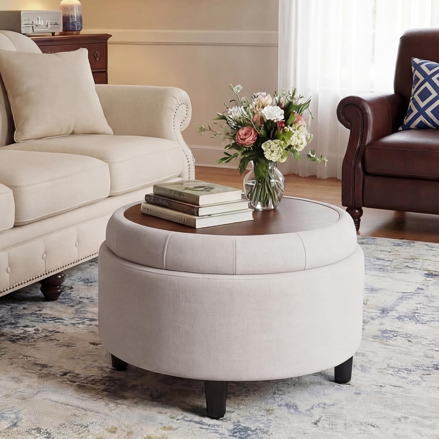 Fabric round Storage Ottoman with Reversible Tray Lid – Multi-Functional Footres
