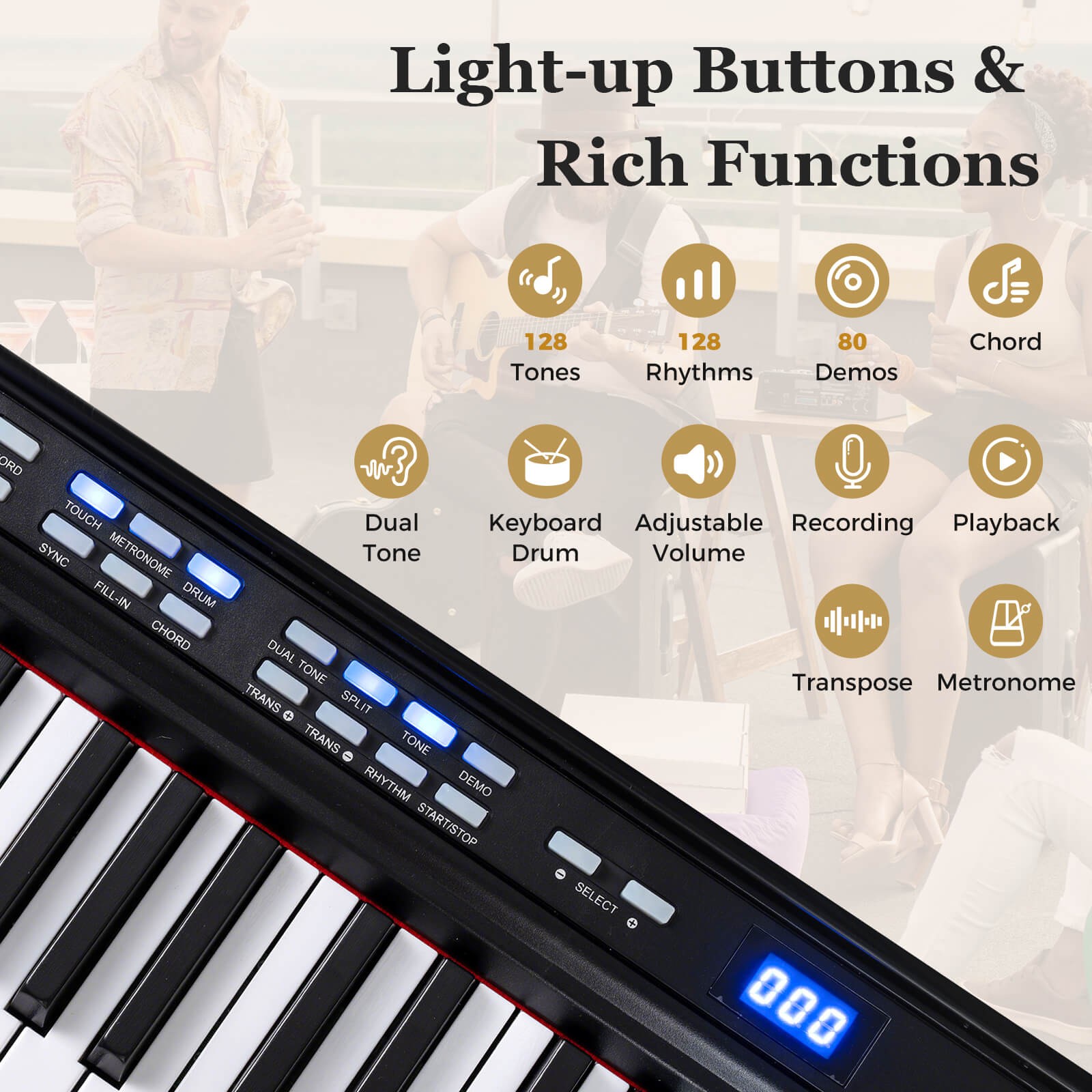 88-Key Electric Piano Keyboard w/Adjustable Stand Stool, Light-up Keys & Buttons
