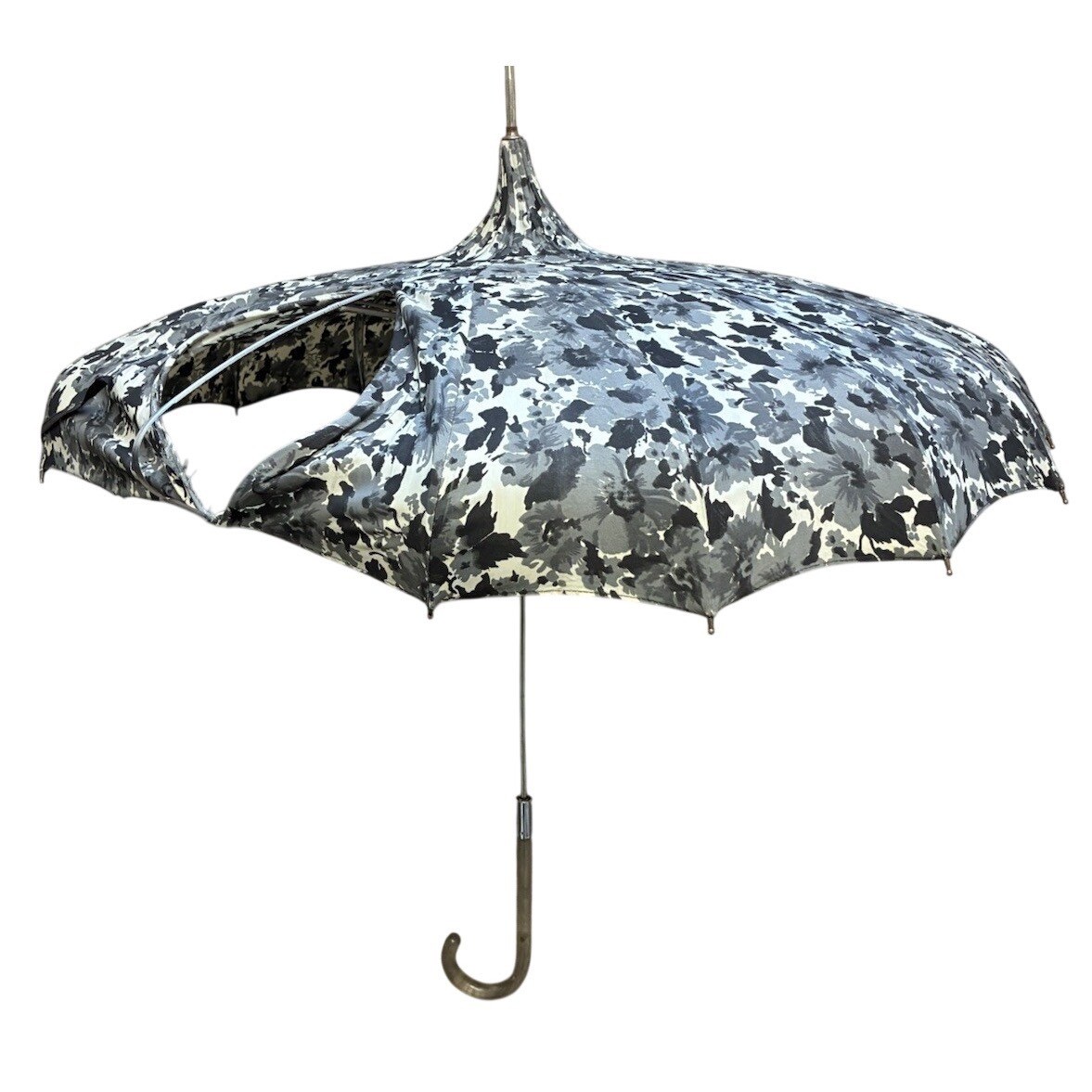 Pagoda Umbrella Parasol Gray Clear Handle Cottage Core 60s Vintage *damaged