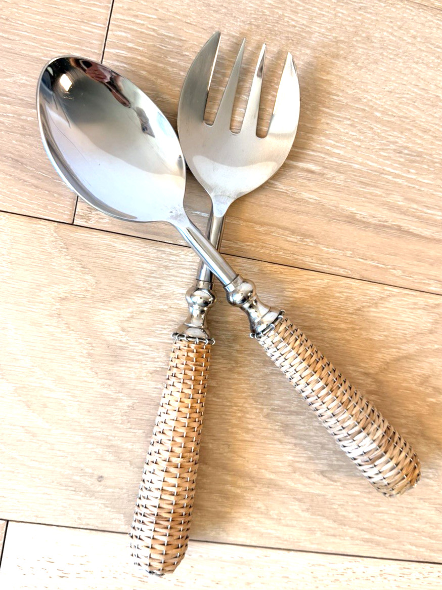 12 Inch Salad Serving Set. Rattan Wrapped Handles