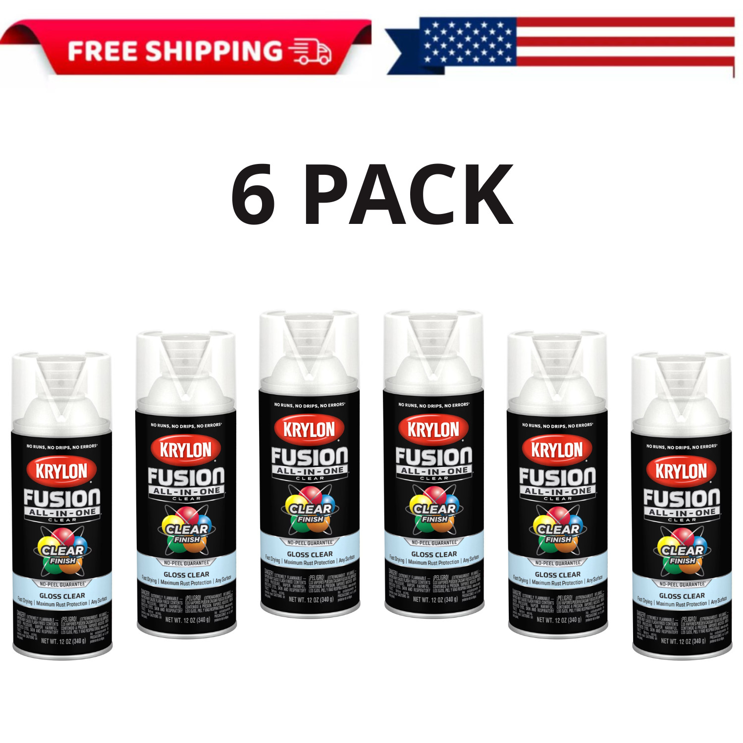 Krylon Fusion All-In-One Clear, Gloss, Clear, 12 oz, 6 Pack