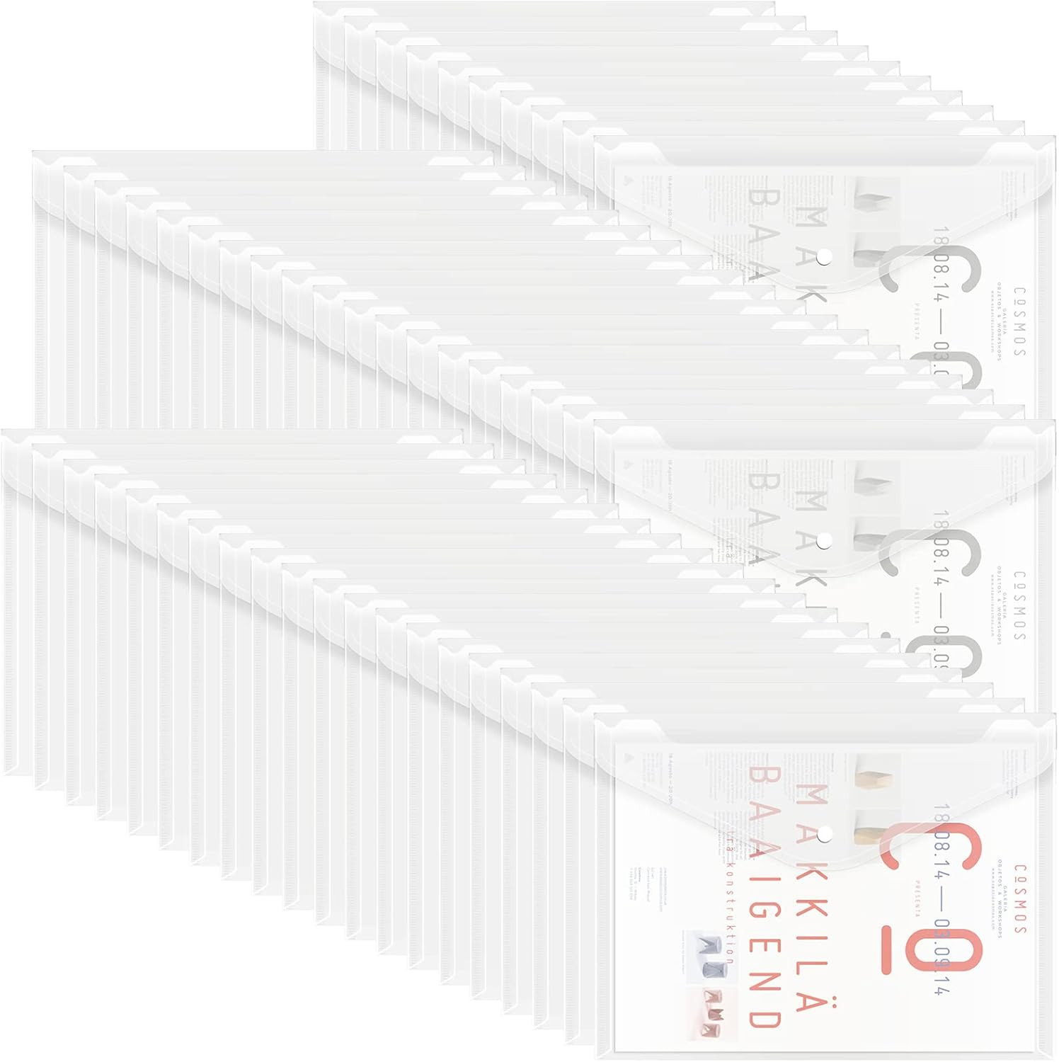 50Pcs Plastic Envelopes with Button Snap Closure, Clear Poly Folders for