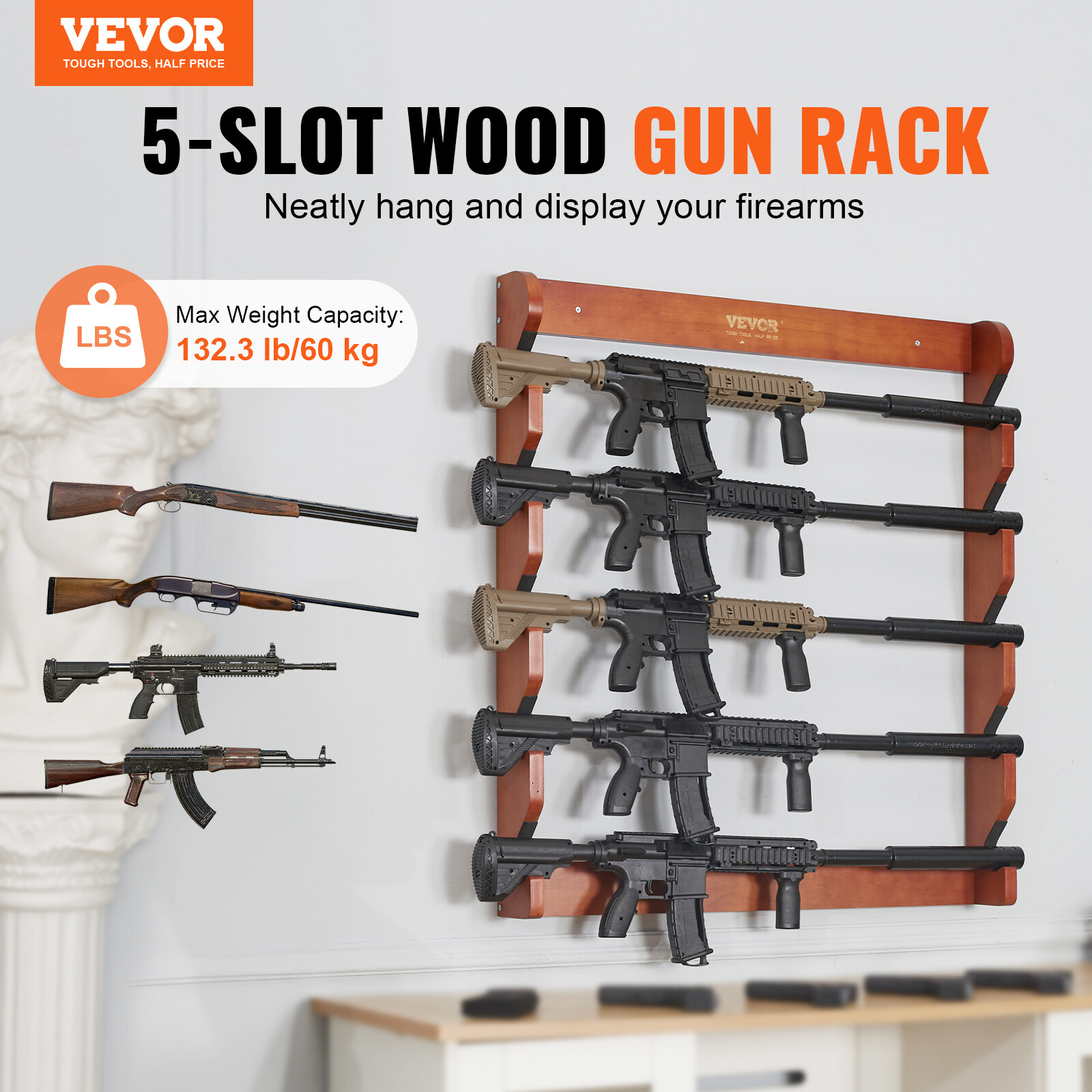 VEVOE Gun Rack 5-Slot Wood Gun Rack Wall Mount Gun Display Rack holds 5 Rifles