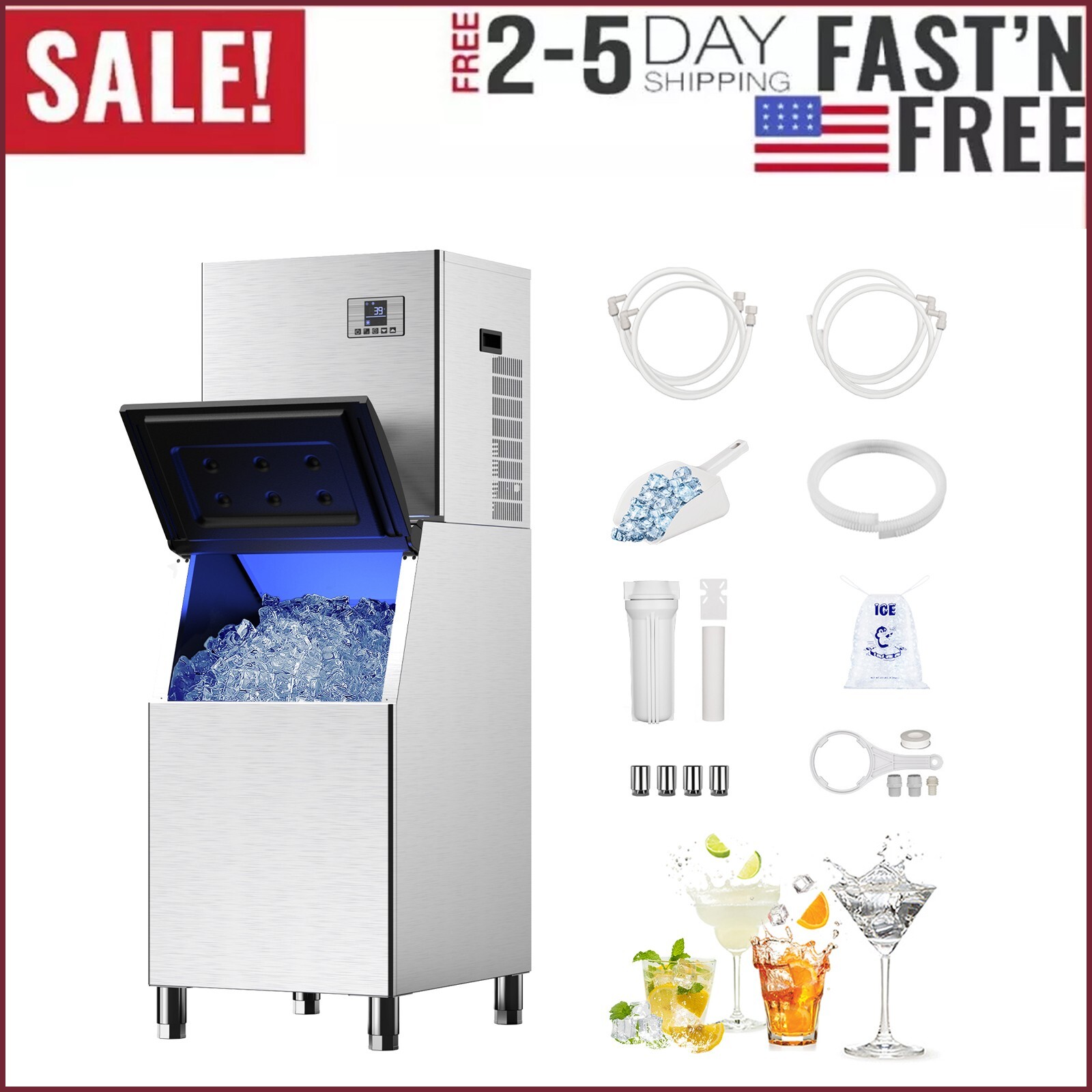 550LB/24h Commercial Ice Maker Bar Restaurant Ice Cube Machine with 360LBS Bin