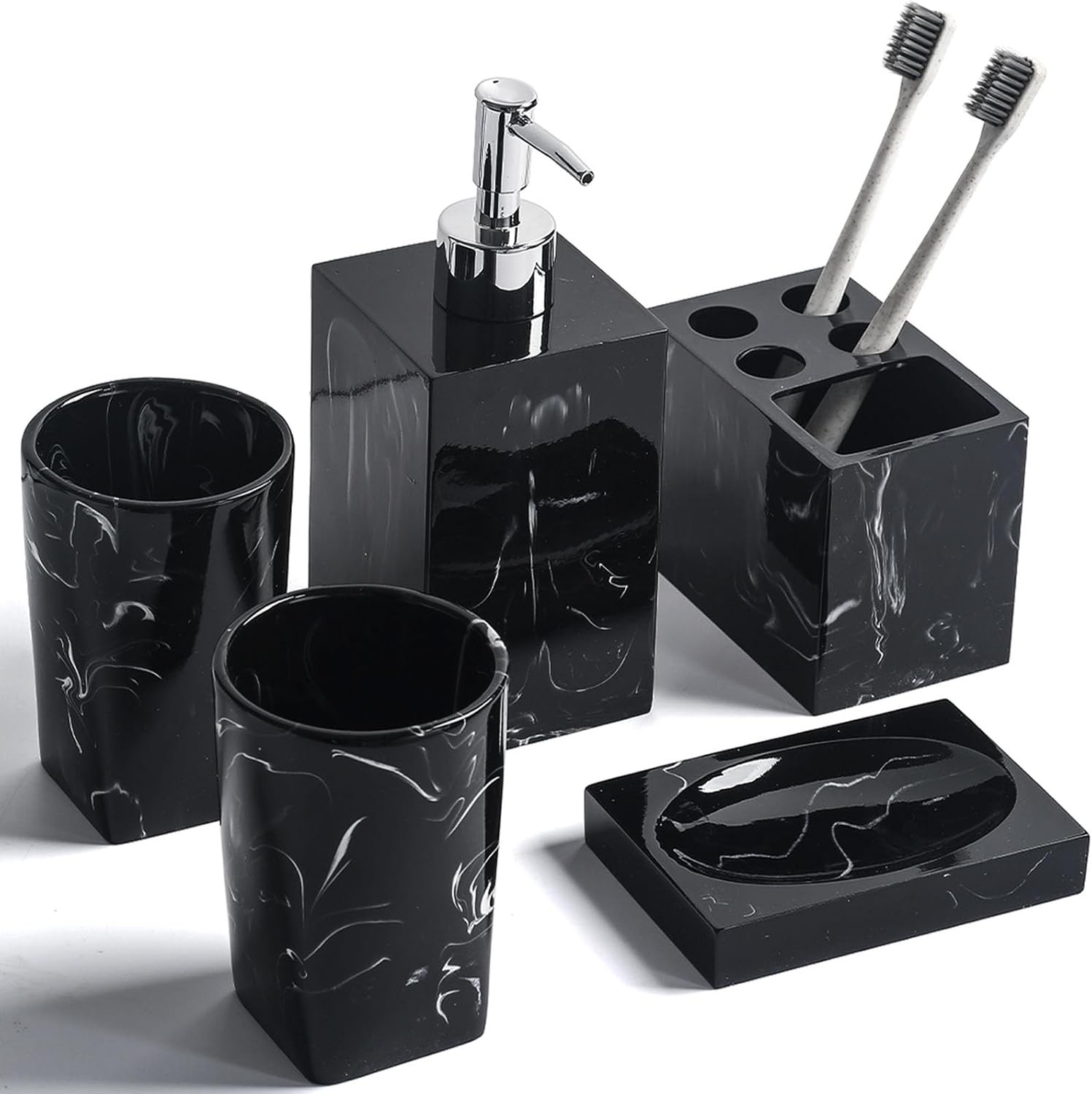 5-Piece Bathroom Counter Top Accessory Set - Dispenser for Liquid Soap or Lotion