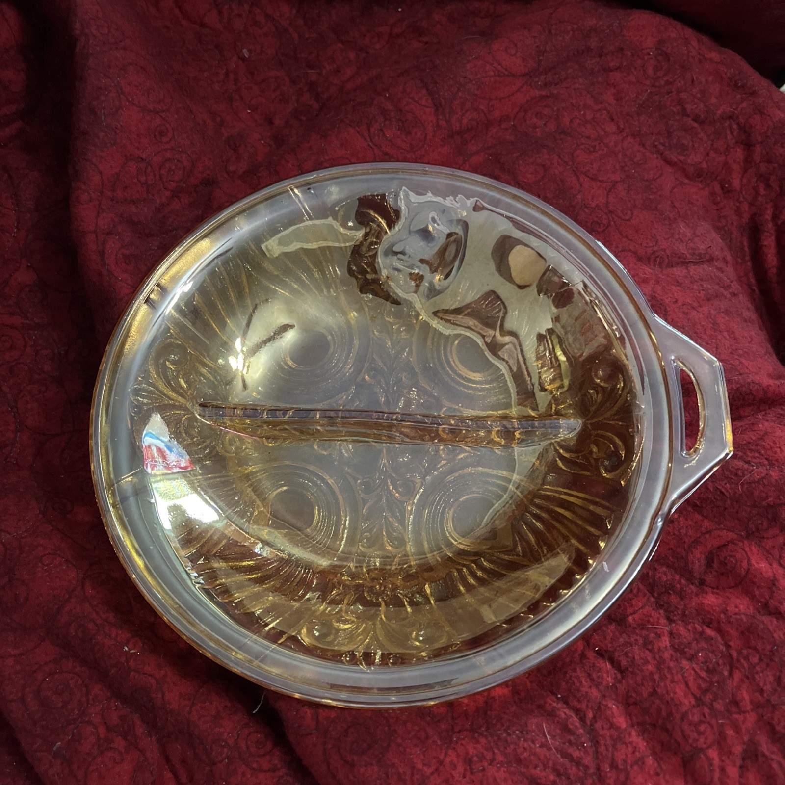 1930s Carnival Glass Divided Relish Dish, Measurements 8.25"W x 1.00"D x 1.25"H
