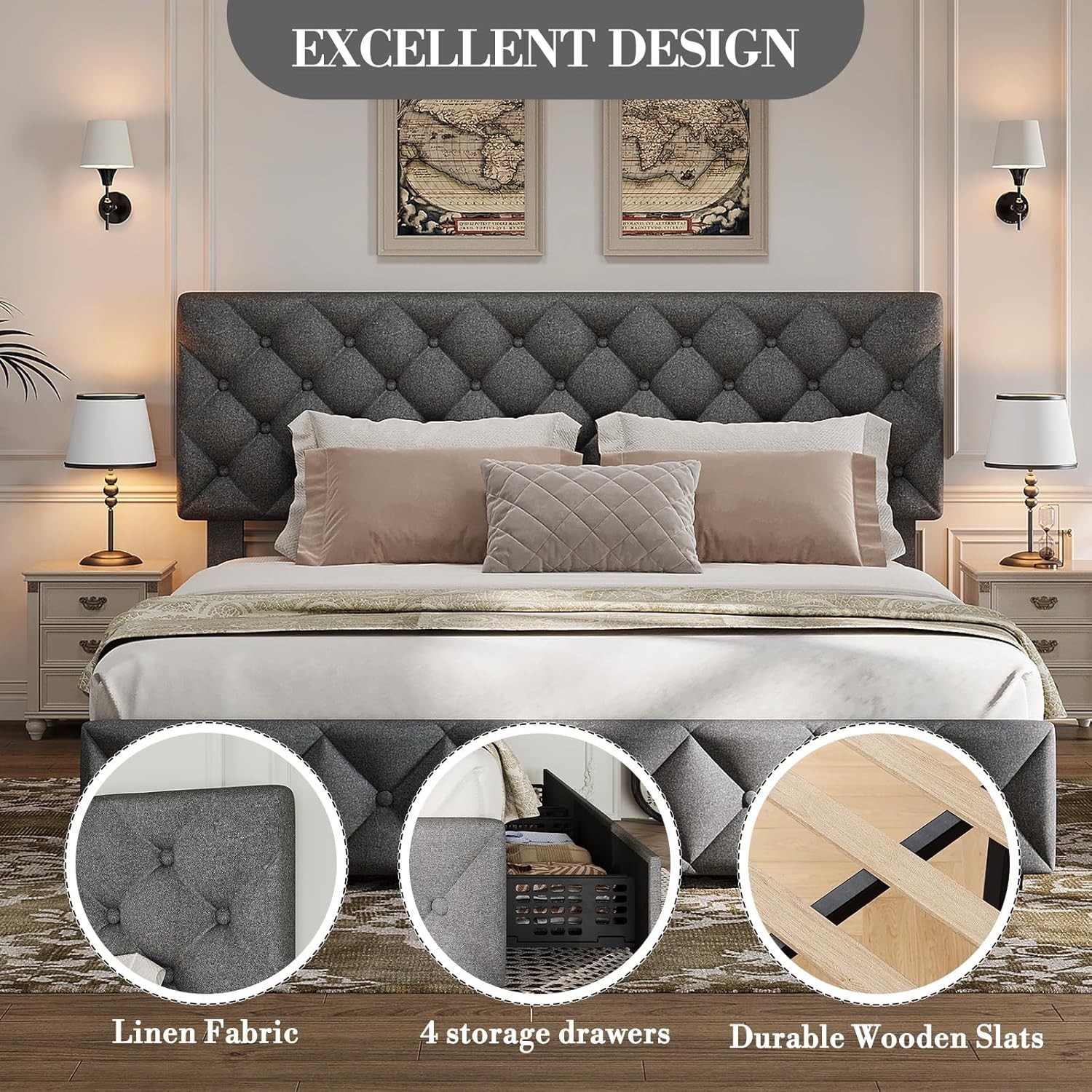 Full Size Bed Frame with Diamond Button Tufted and 4 Storage Drawers for Bedroom