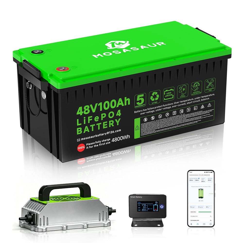 48V 100Ah LiFePO4 Golf Cart Battery and 18A Charger for Club Car RV Bluetooth