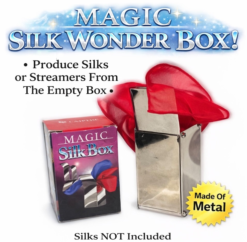 Metal MAGIC SILK BOX Wonder Demon Trick Gimmick Silver Streamer Scarf Production