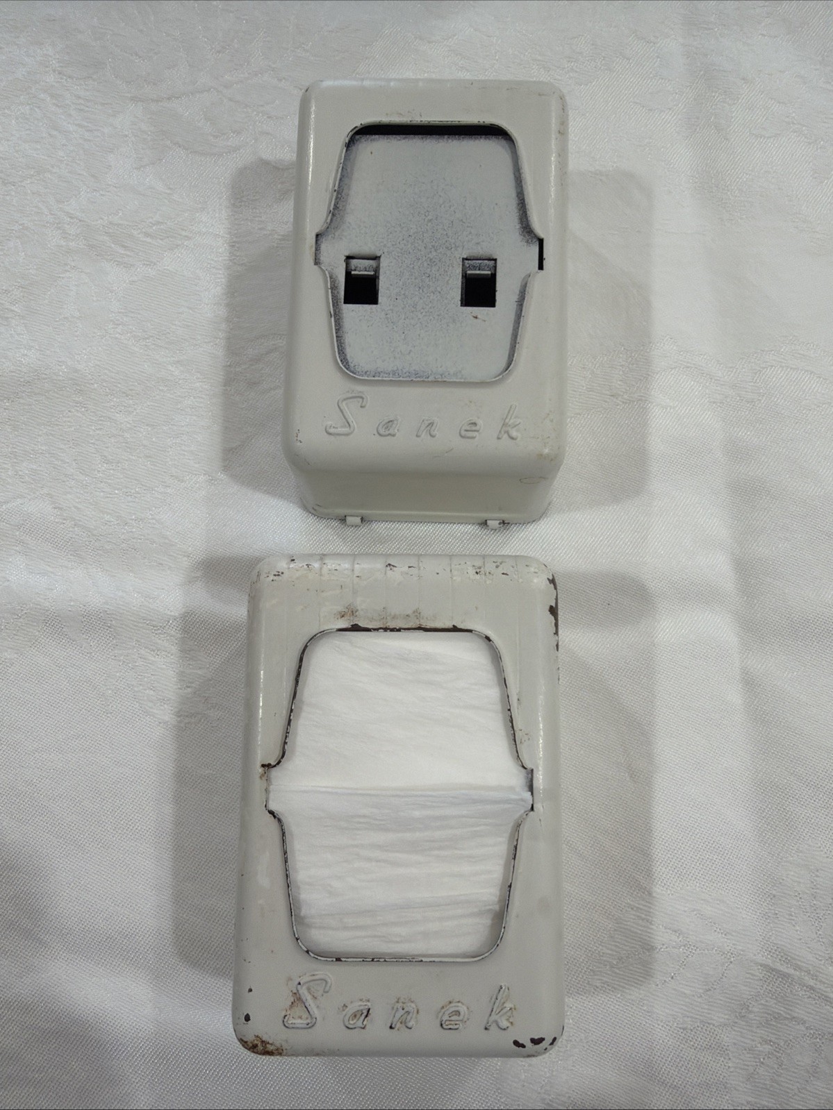 2 Vintage SANEK METAL NECK Strip Dispenser Barber Cosmetology  White