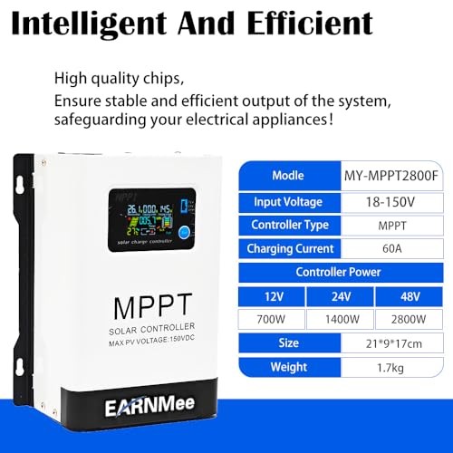 60A MPPT Solar Charge Controller, 18-150VDC PV Input, 12V/24V/48V white60A