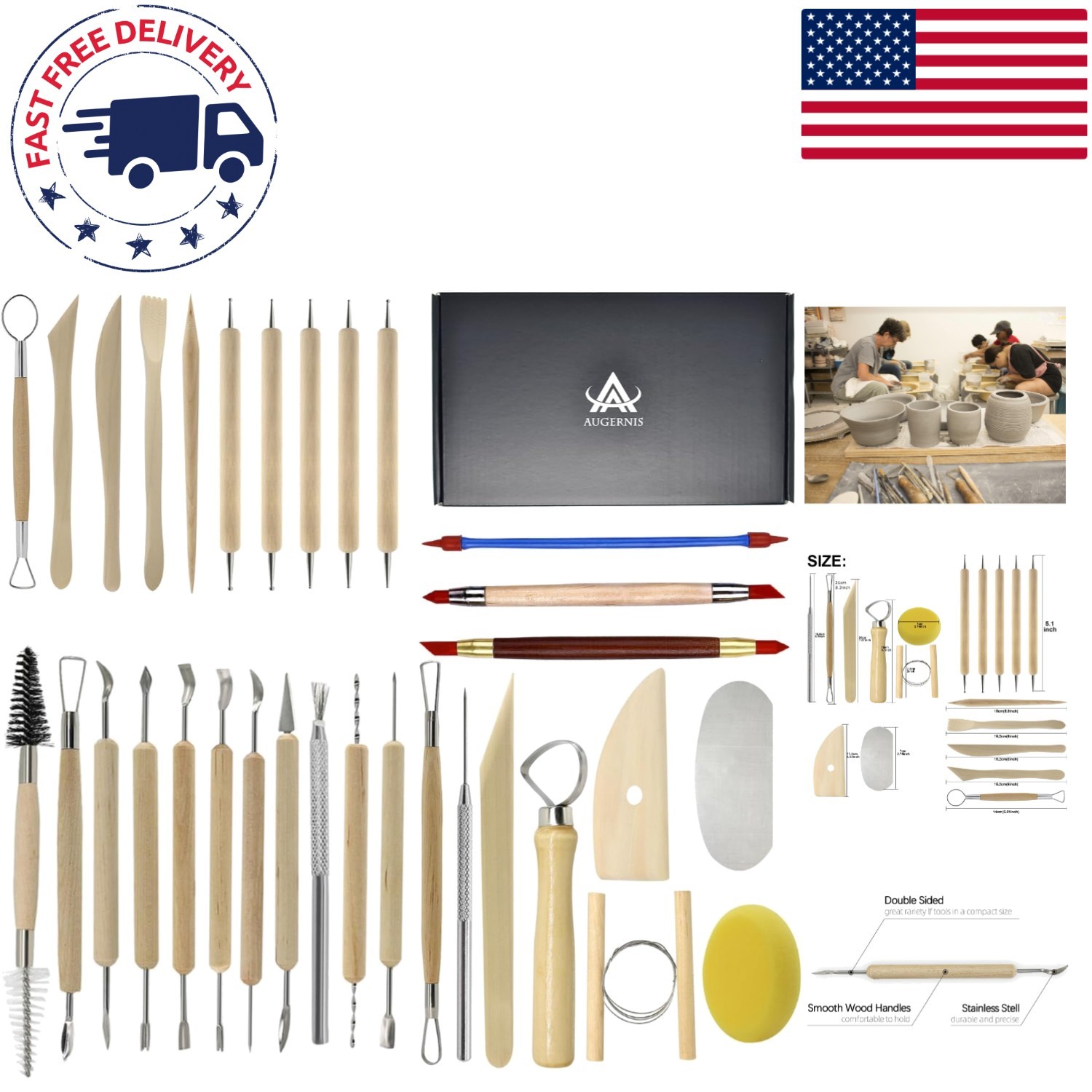 Essential 32-Piece Pottery Tool Set with Natural Wood Handles for Pottery Lovers