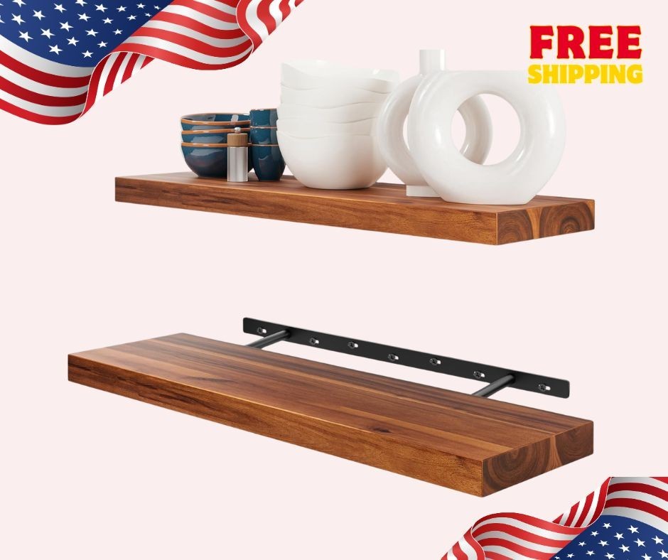 Set of 2 24" Acacia Wood Floating Shelves, Rustic Farmhouse Wall-Mounted Storage