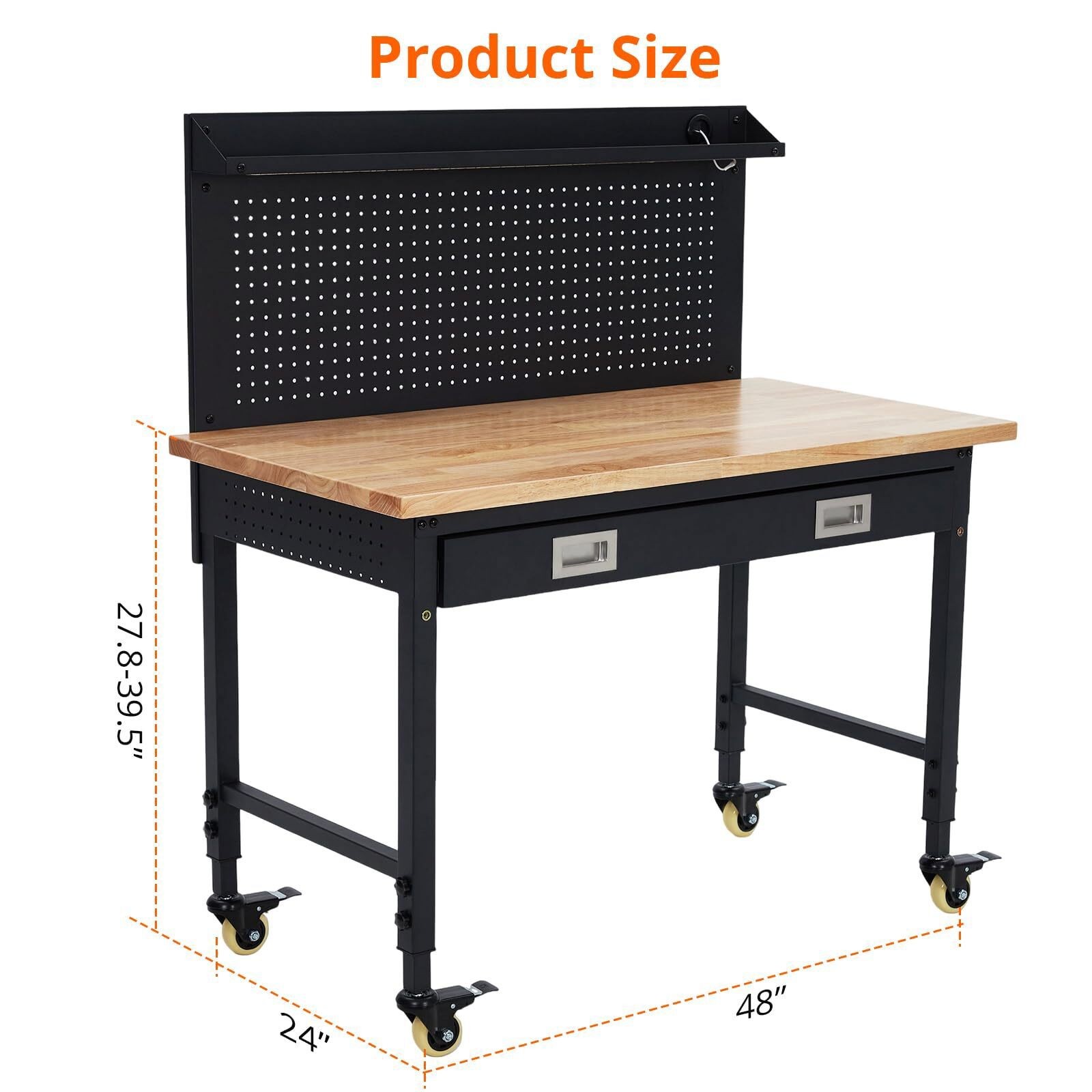 48'' Heavy Duty Adjustable Workbench with Drawers Pegboard 2000lbs Rolling Table