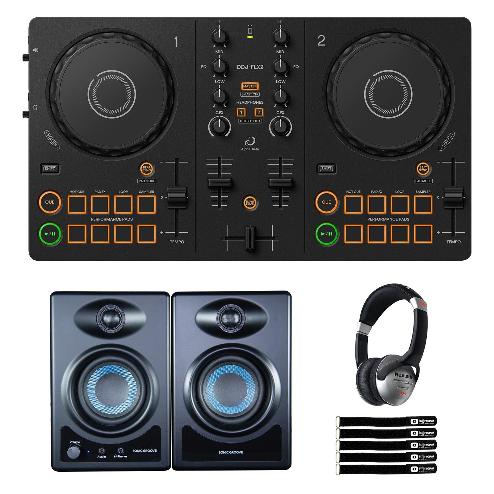 AlphaTheta DDJ-FLX2 Compact Beginner 2-Channel DJ Controller w Speakers Pack