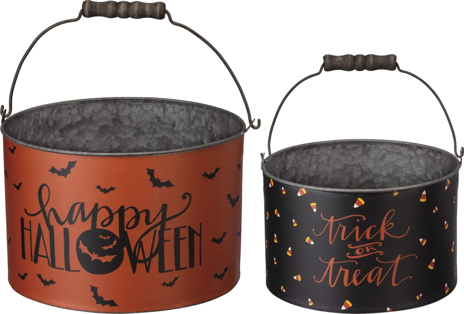 Primitives by Kathy Halloween Metal Buckets, Set of 2, Orange, Black, Wood
