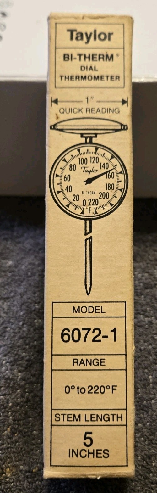 Vintage Taylor Bi-Therm Dial 6072-1 (0-220F) 5” Stem Blue Sleeve Thermometer