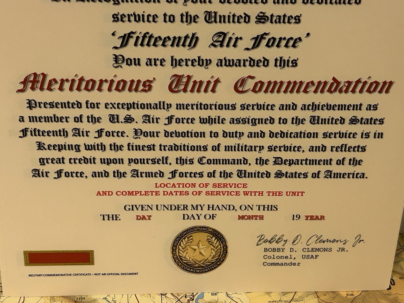 U.S. AIR FORCE / 15TH AIR FORCE - MERITORIOUS UNIT COMMENDATION CERTIFICATE