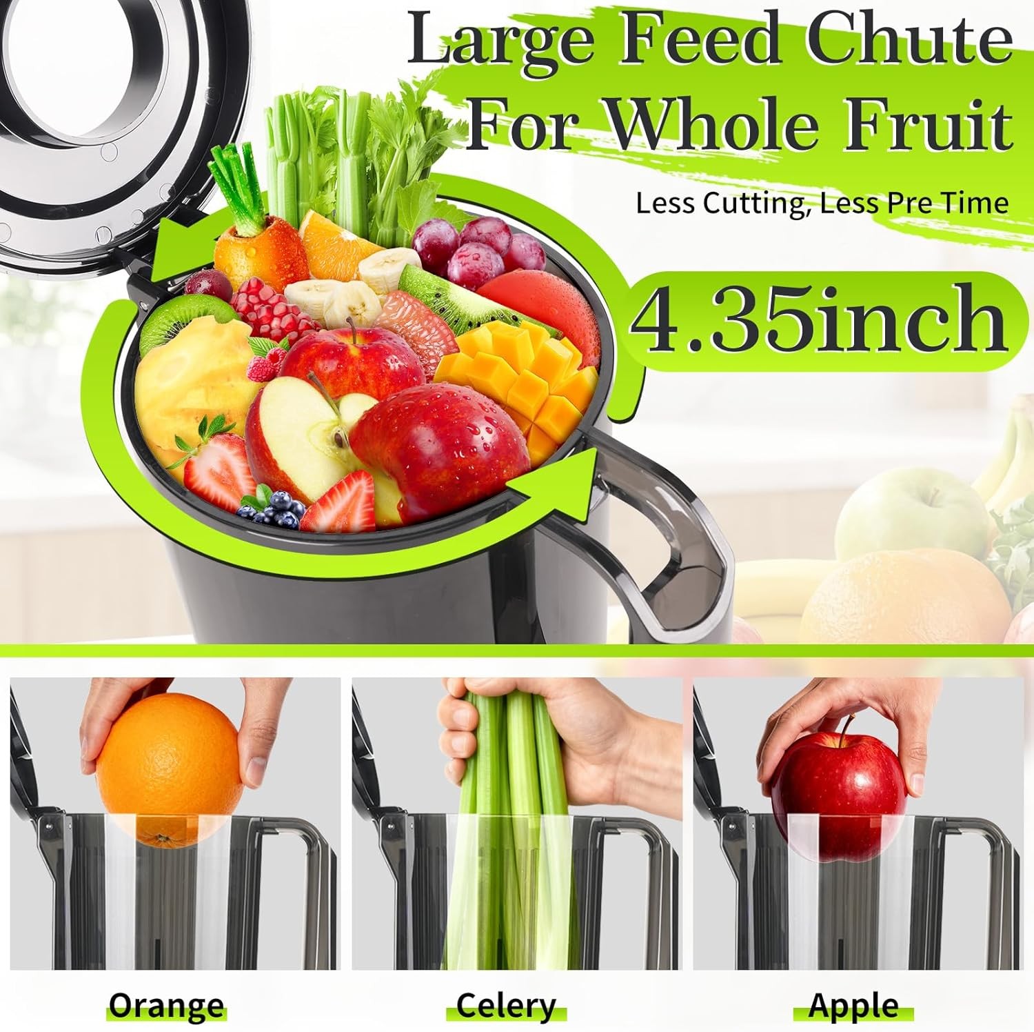 Cold Press Masticating Juicer Machine 4.35" Wide Chute Quiet Juicer Easy Clean
