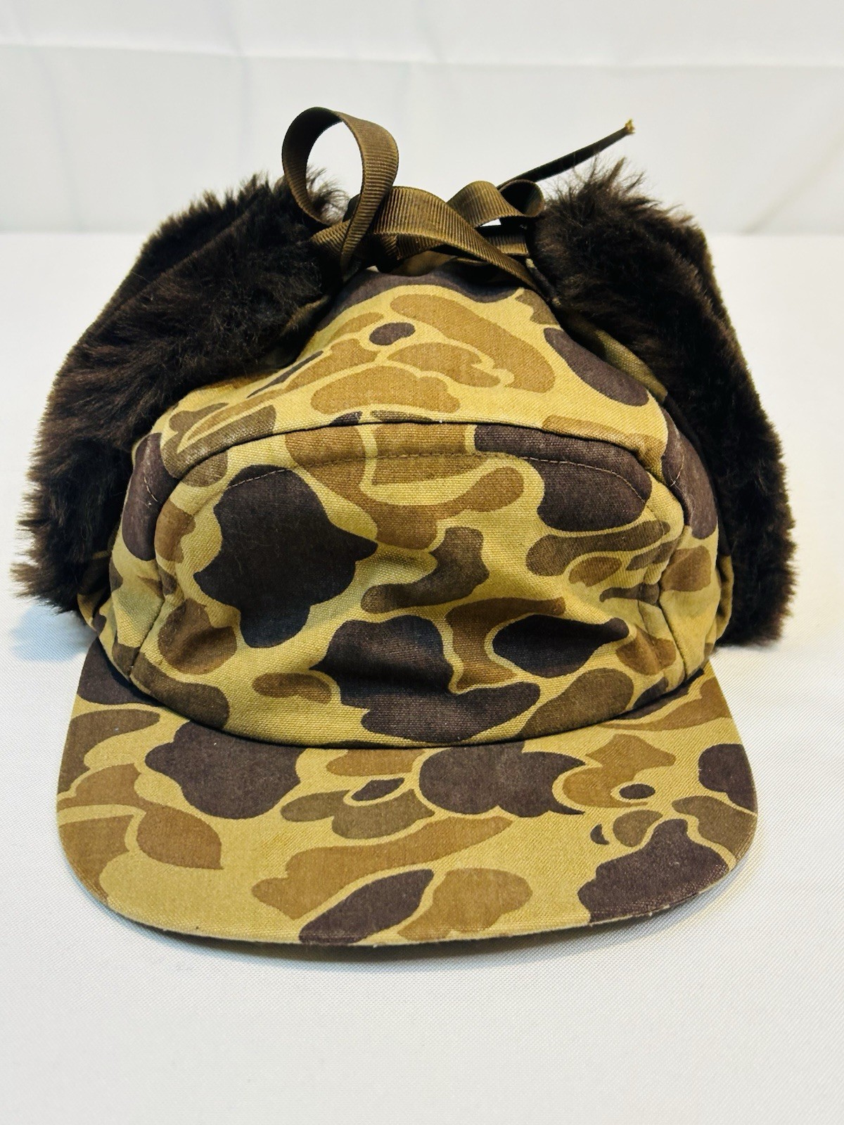 Vintage Duxbak Hat Ear Flap Cap Fitted Men's L/XL Brown Camo Hunting