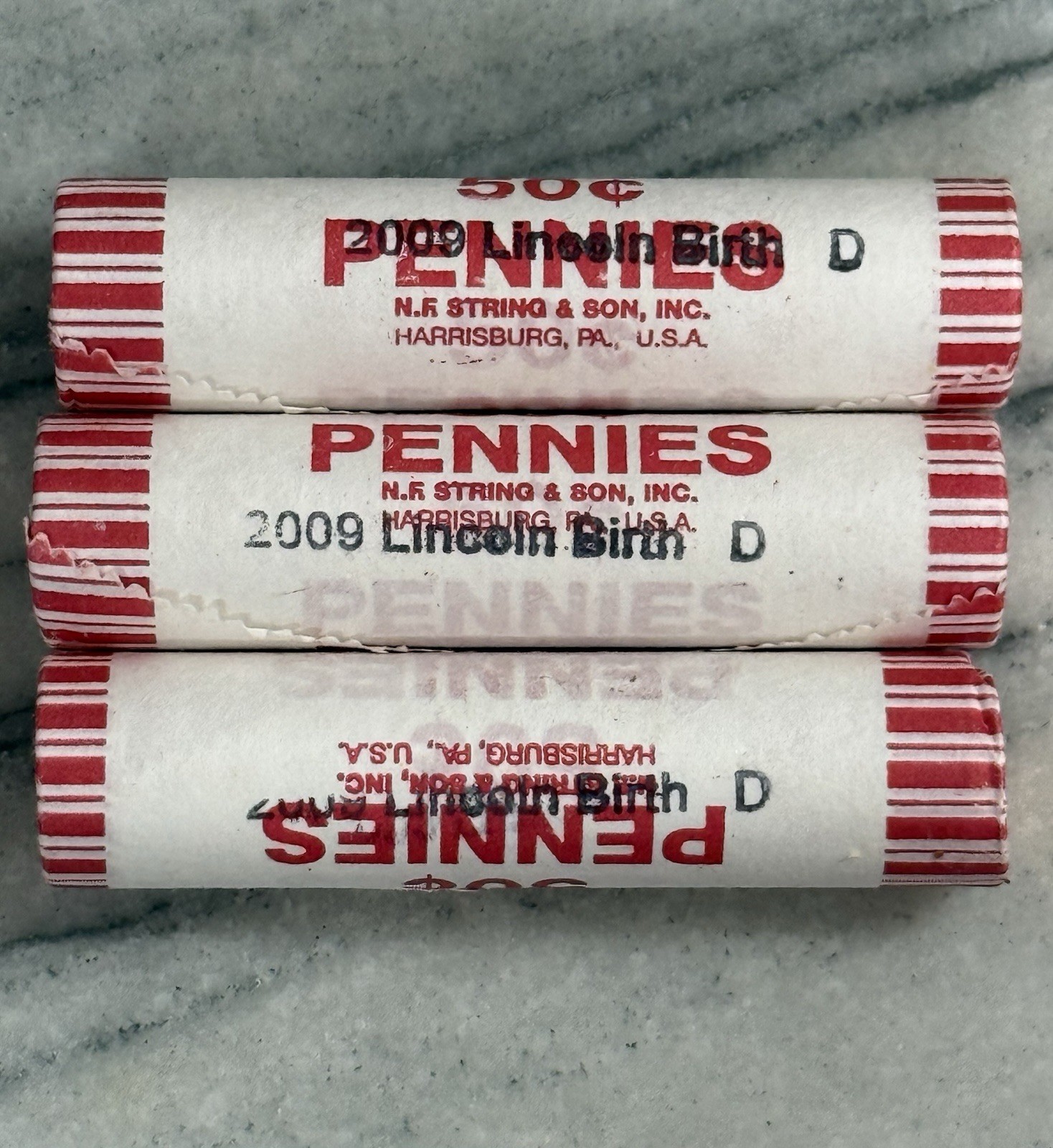 2009 Lincoln Cent Penny D LP Lincoln Birth 3 Roll Lot Set NF String