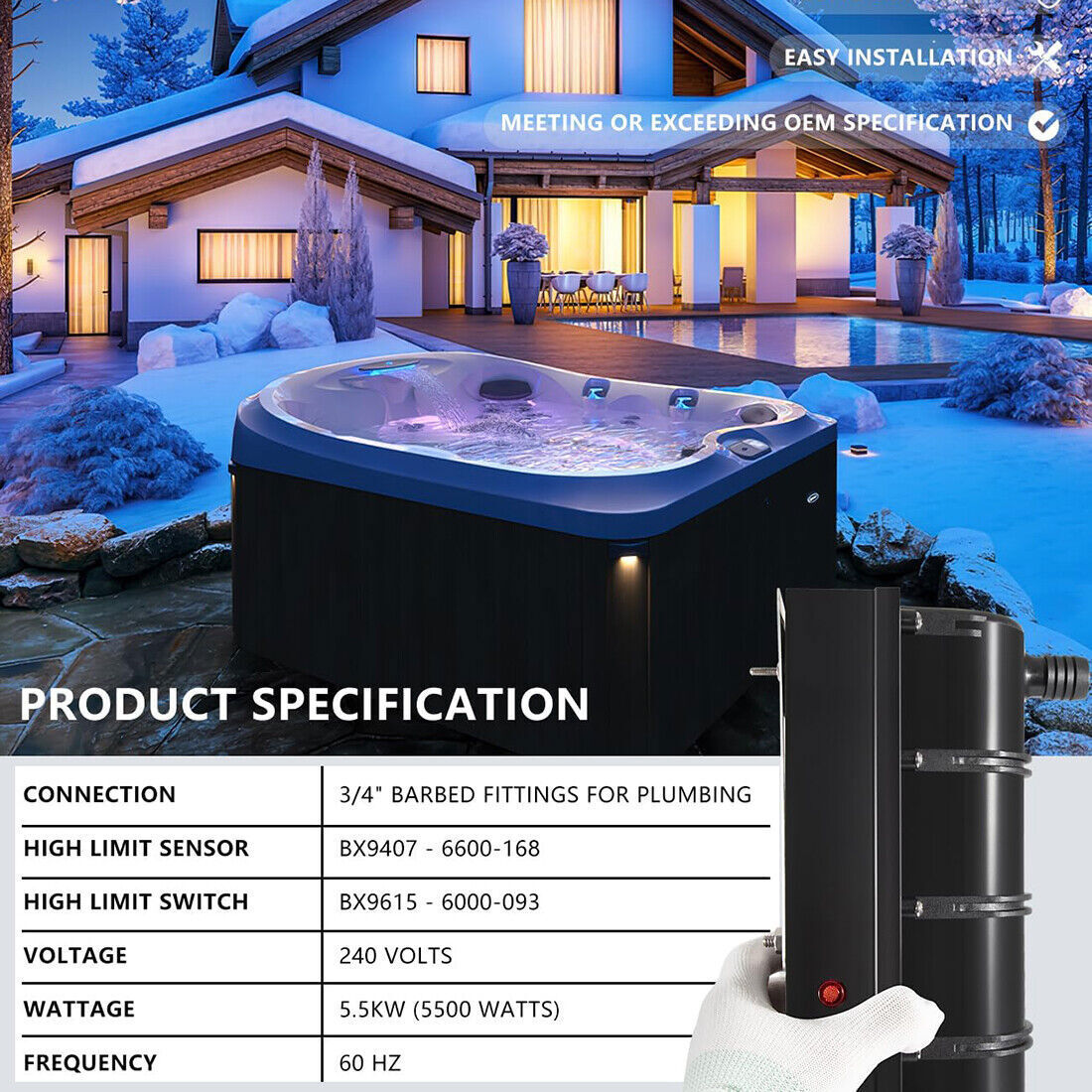 Lo-Flo Heater for Sundance/Jacuzzi Spa Hot Tubs 5.5kW w/Hi Limit Sensor 6500-310