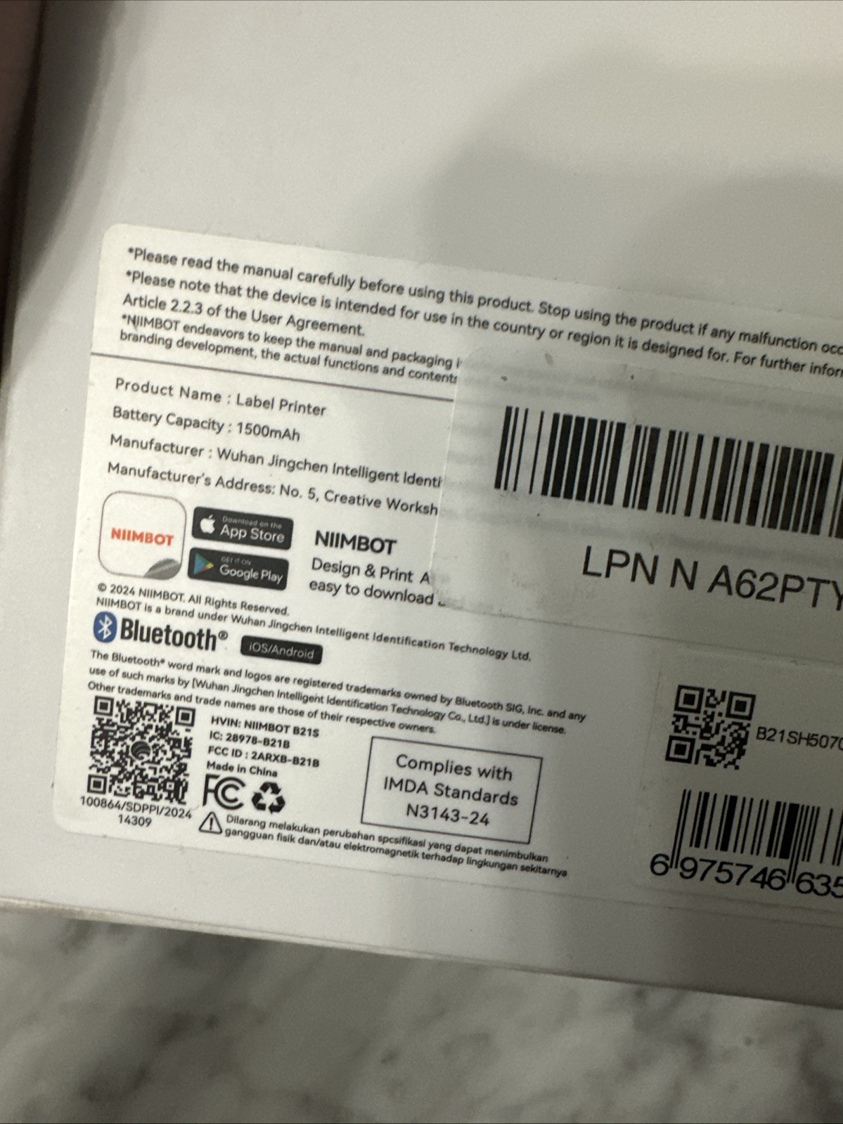 NIIMBOT B21S Smart Label Printer Open Box