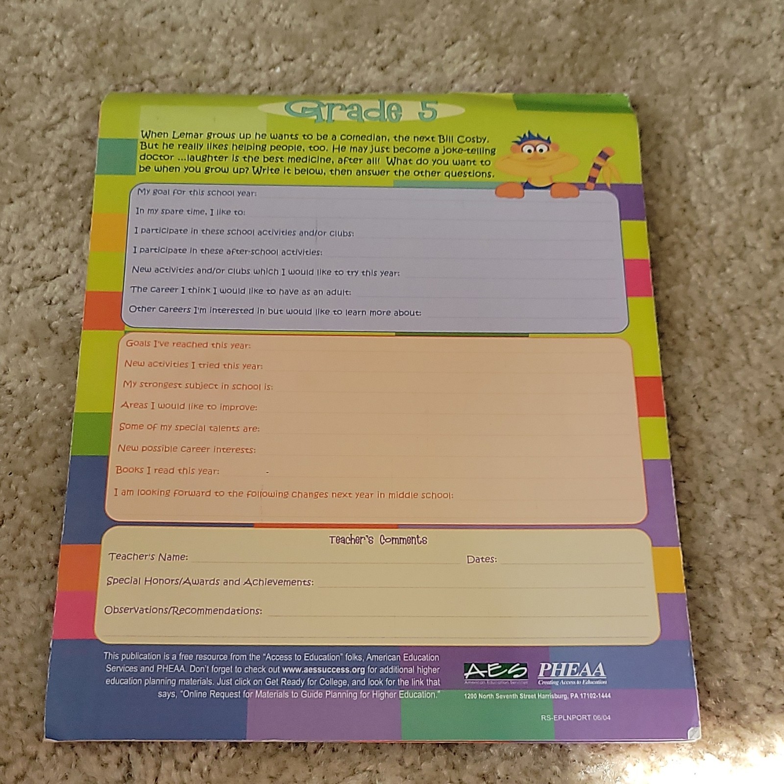 Five AES PHEAA Quarterly Assignment books, One My Student Planner Elementary