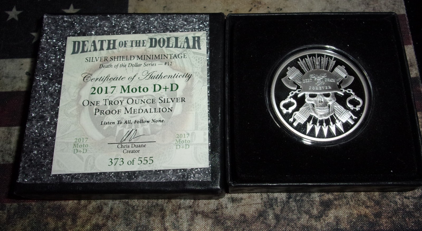 2017 Silver Shield 1 oz Silver Proof Medalion MOTO D+D DOTD Series #12 W/COA