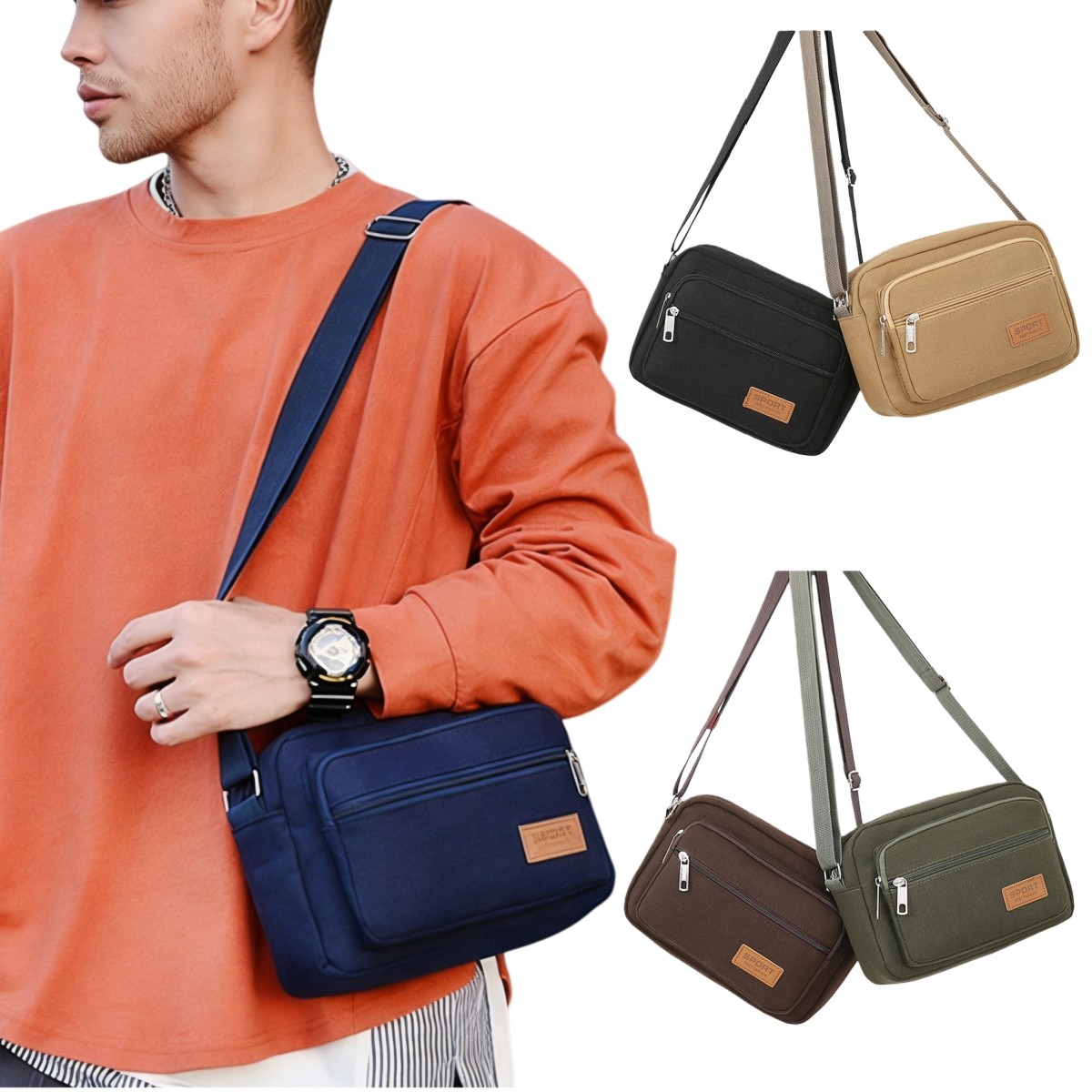 Men's Shoulder Bag Casual Crossbody Bag Canvas Fabric Multi Pocket Design