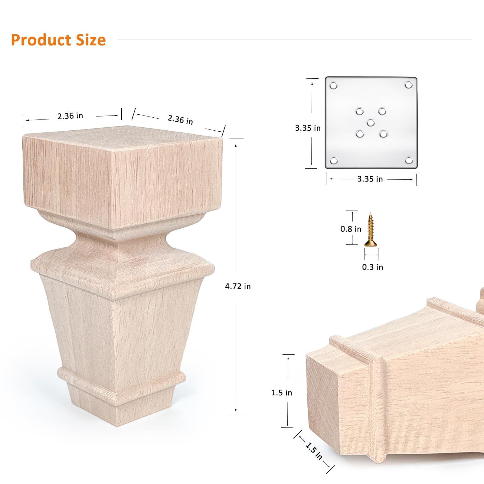 5 Inch Wooden Furniture Legs, Set of 4 Replacement Solid Wood Unfinished Squa...