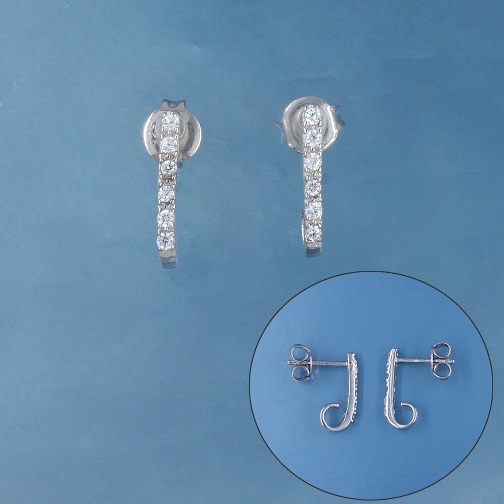 2 Sterling Silver Cubic Zirconia Bar Pave Stud Earrings, J / Open Loop #33545