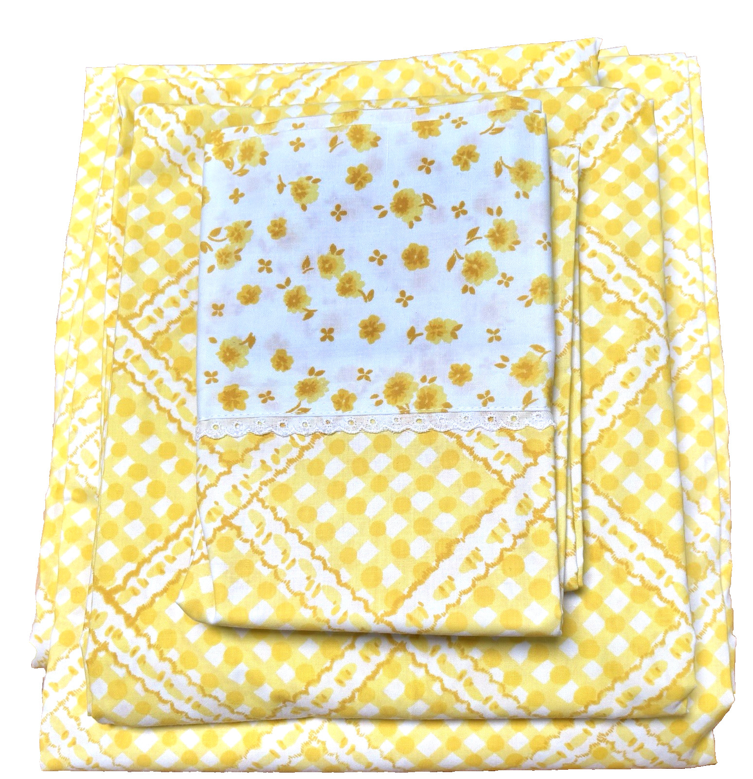 VTG NOS Springmaid Yellow Gingham & Floral Twin Sheet Set 3 pcs. Never Unfolded