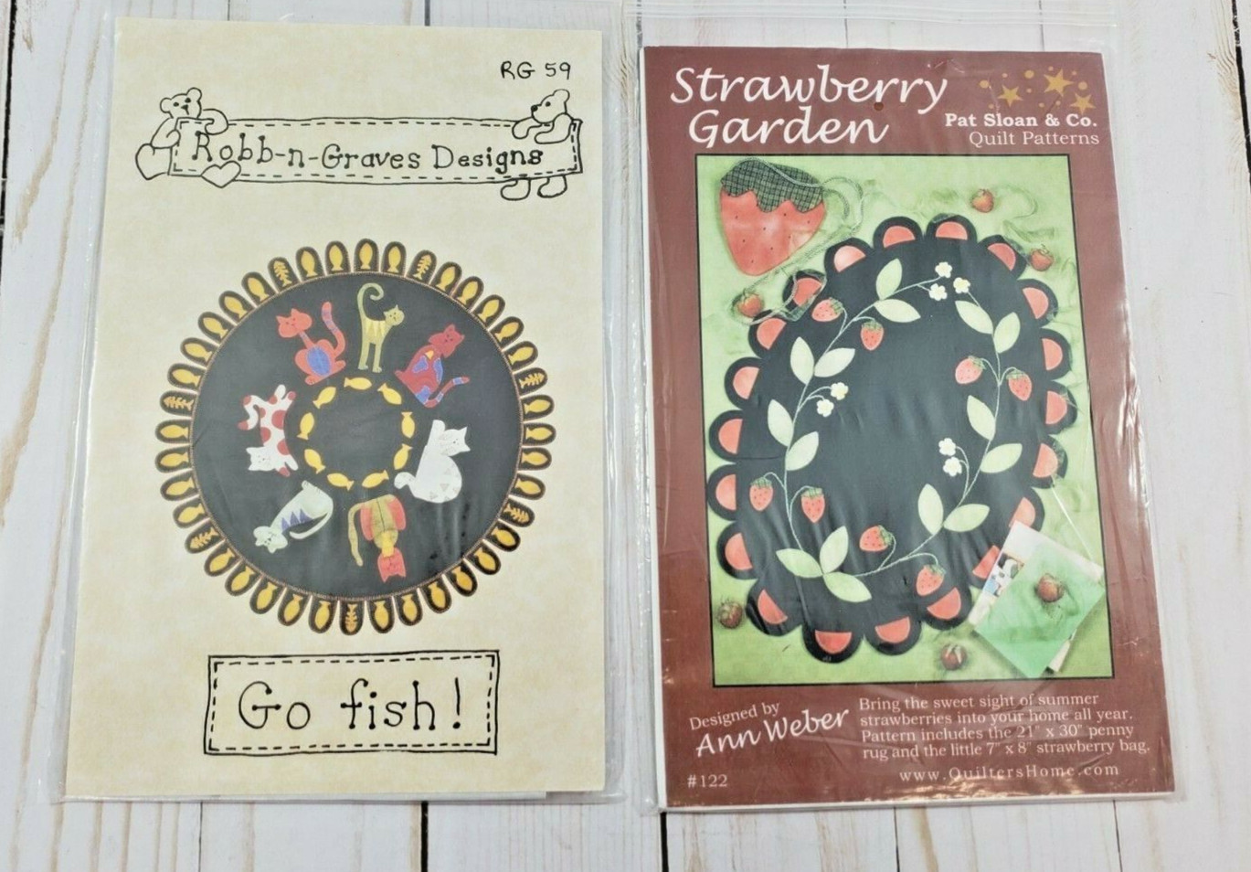 FELT PENNY RUG QUILT PATTERNS SET OF 2 GO FISH  & STRAWBERRY GARDEN