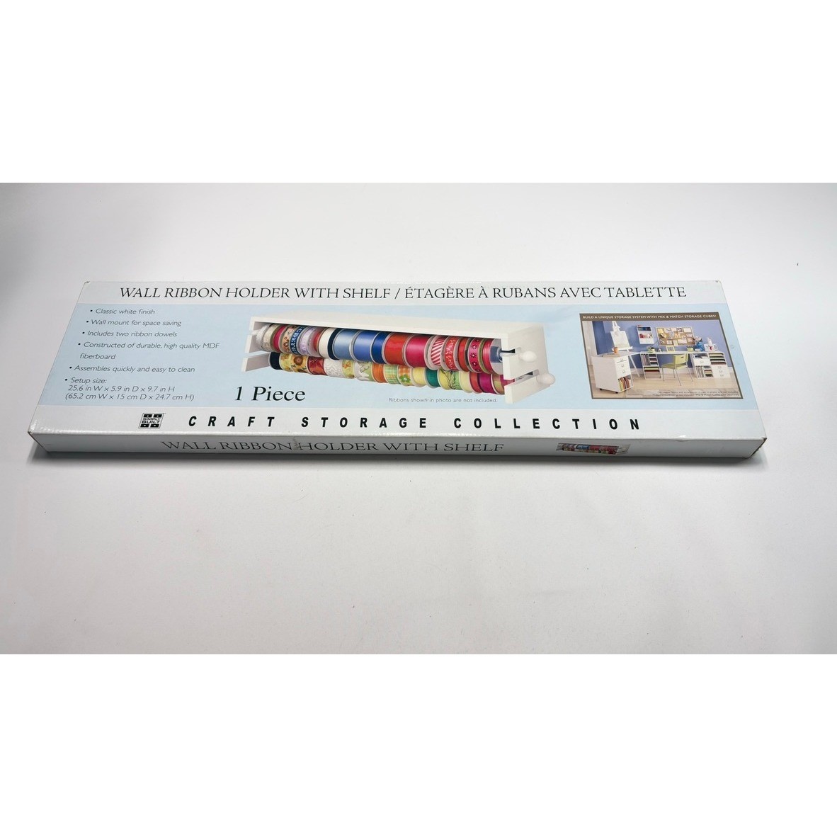 Simply Built Wall Ribbon Holder With Shelf White Craft Storage Organizer New Box