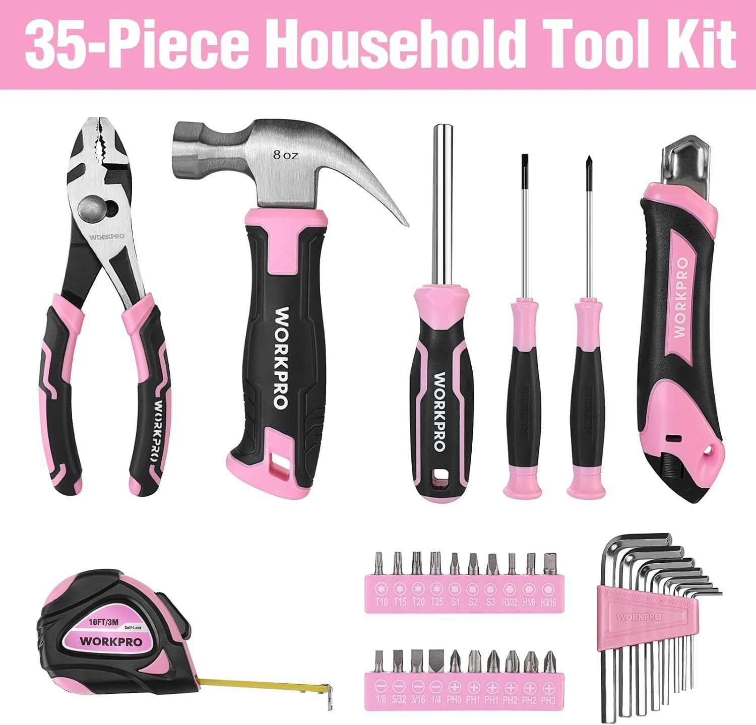 35-Piece Pink Tools Set, Household Tool Kit with Storage Toolbox, Basic Tool ...